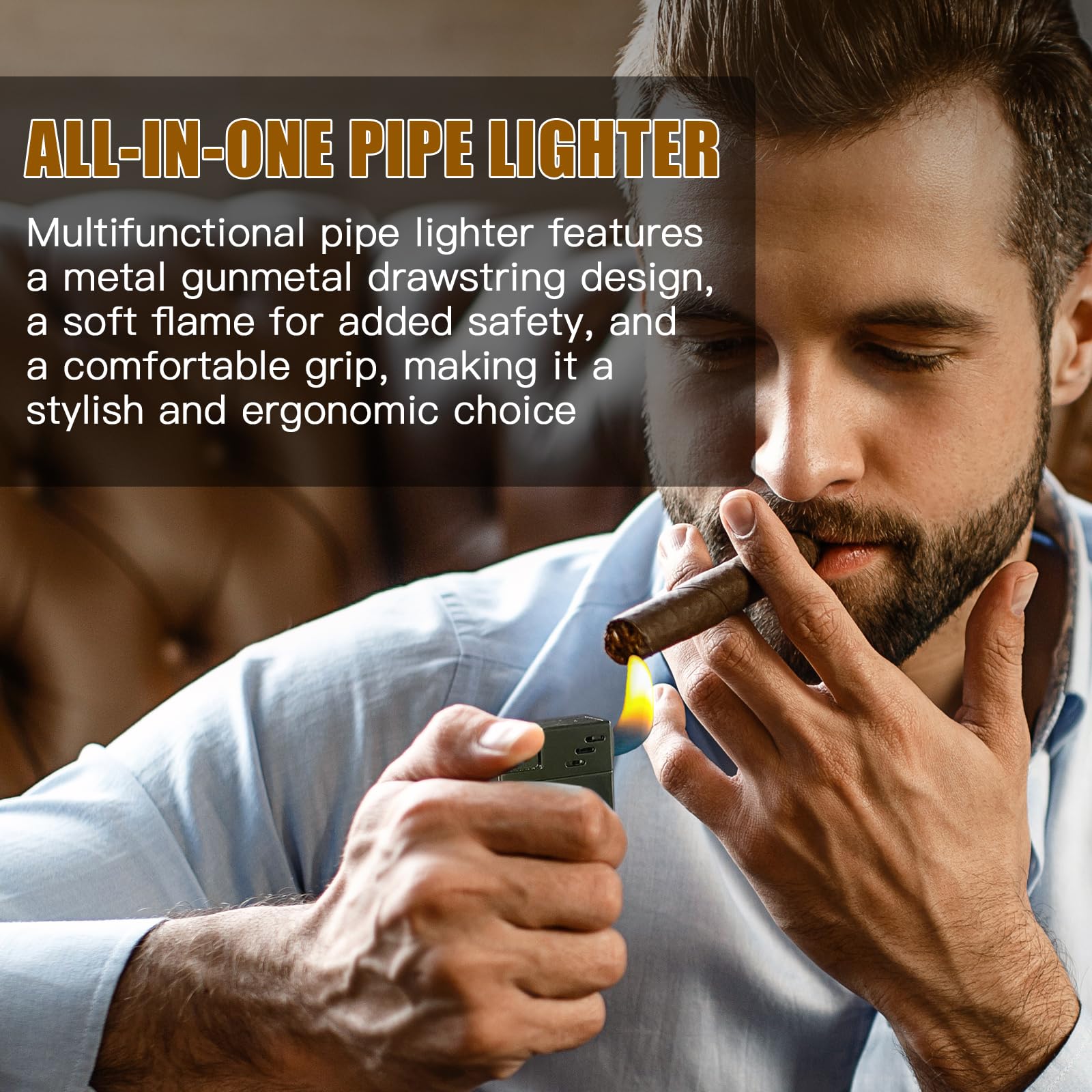 **Refillable Butane Pipe Lighter with Stand - 5-in-1 Soft Flame Lighter with Stainless Steel Pipe Tools & Cleaner - Portable for Indoor & Outdoor Use - Perfect Gift for Pipe Smokers**    *(Ideal for camping, travel, home use, and as a thoughtful gift for pipe enthusiasts.)*