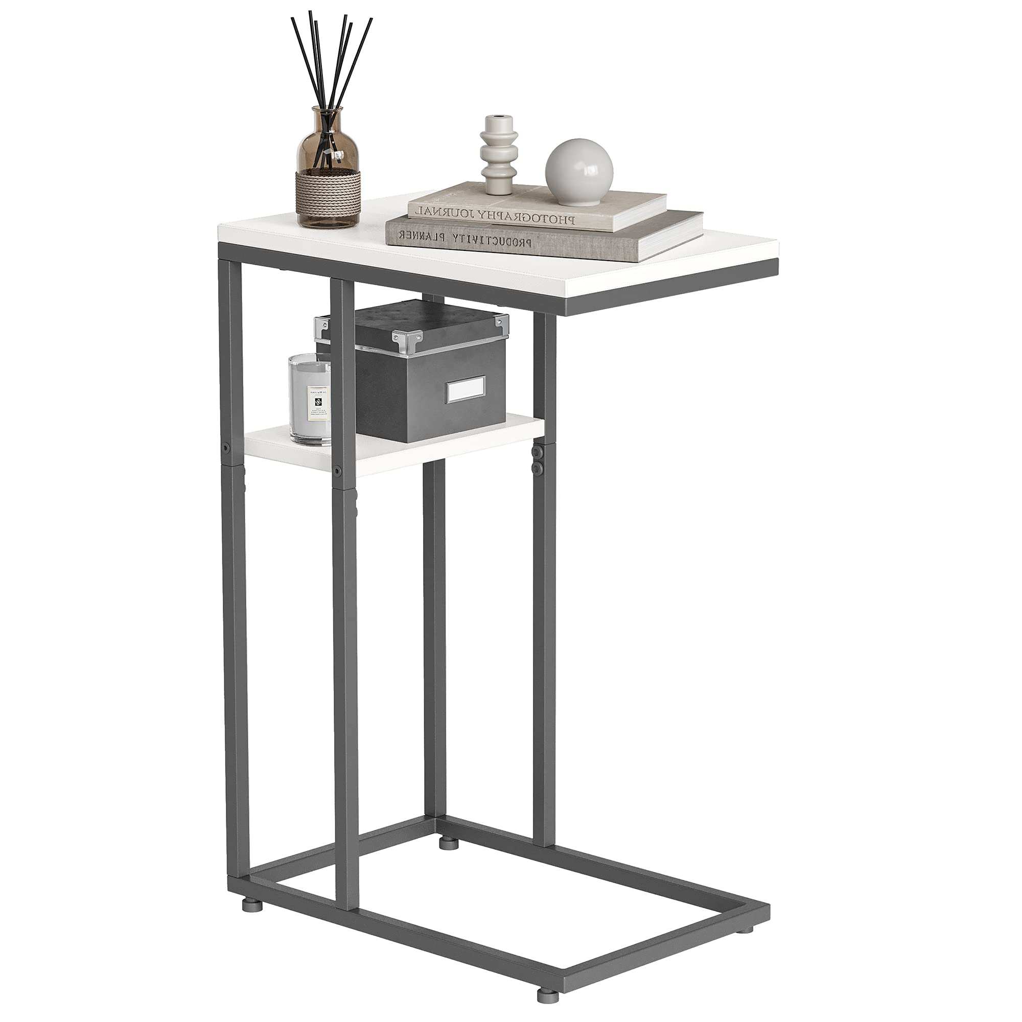 CubiCubi White Modern C-Shaped End Table - Rustic Side Table for Couch & Bed with Sturdy Metal Frame - Perfect for Living Room, Bedroom & Small Spaces - Home Decor Accent Table for Coffee, Books & Plants