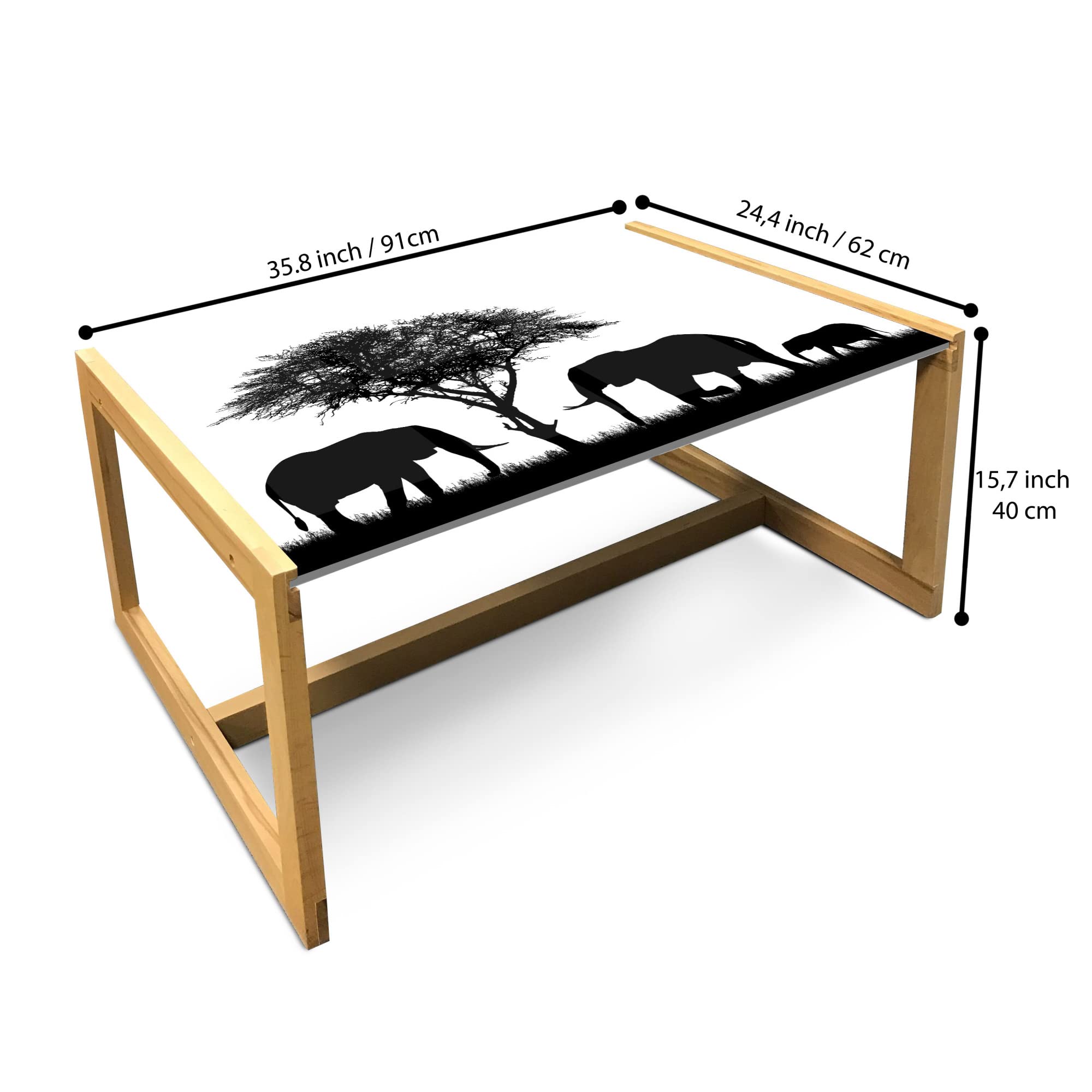 Ambesonne Black White Coffee Table - African Savannah Silhouette, Wooden Frame for Office & Dorm Decor