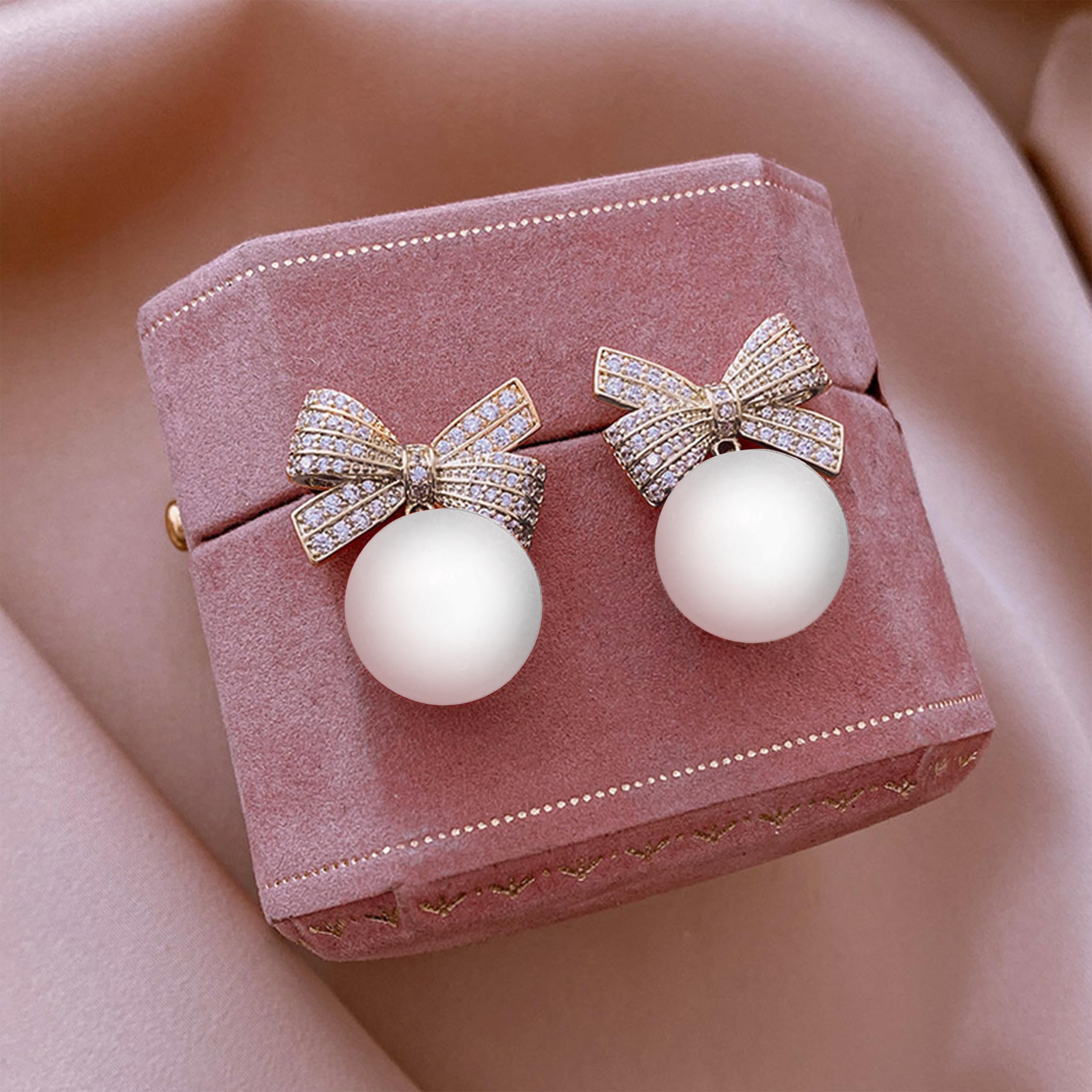 Trendy Rhinestone Bow Pearl Dangle Earrings for Women - Elegant Prom Wedding Party Jewelry, Valentine's Day Gifts for Her | Perfect for Date Nights, Bridal Showers & Special Occasions