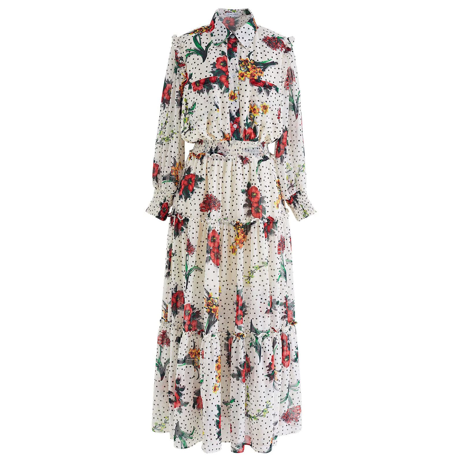 Chicwish Women's Polka Dot Floral Print Chiffon Maxi Dress - Elegant Summer Beach Wedding Party Dress with Flowy Long Skirt