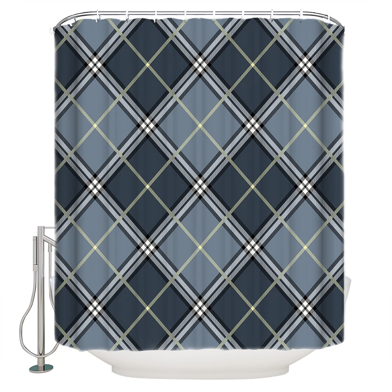 Custom Plaid Shower Curtain with Hooks - Waterproof Polyester Bathroom Decor (60x72 inches) - Buffalo Check Retro Gray Design for Modern & Vintage Home Bathrooms