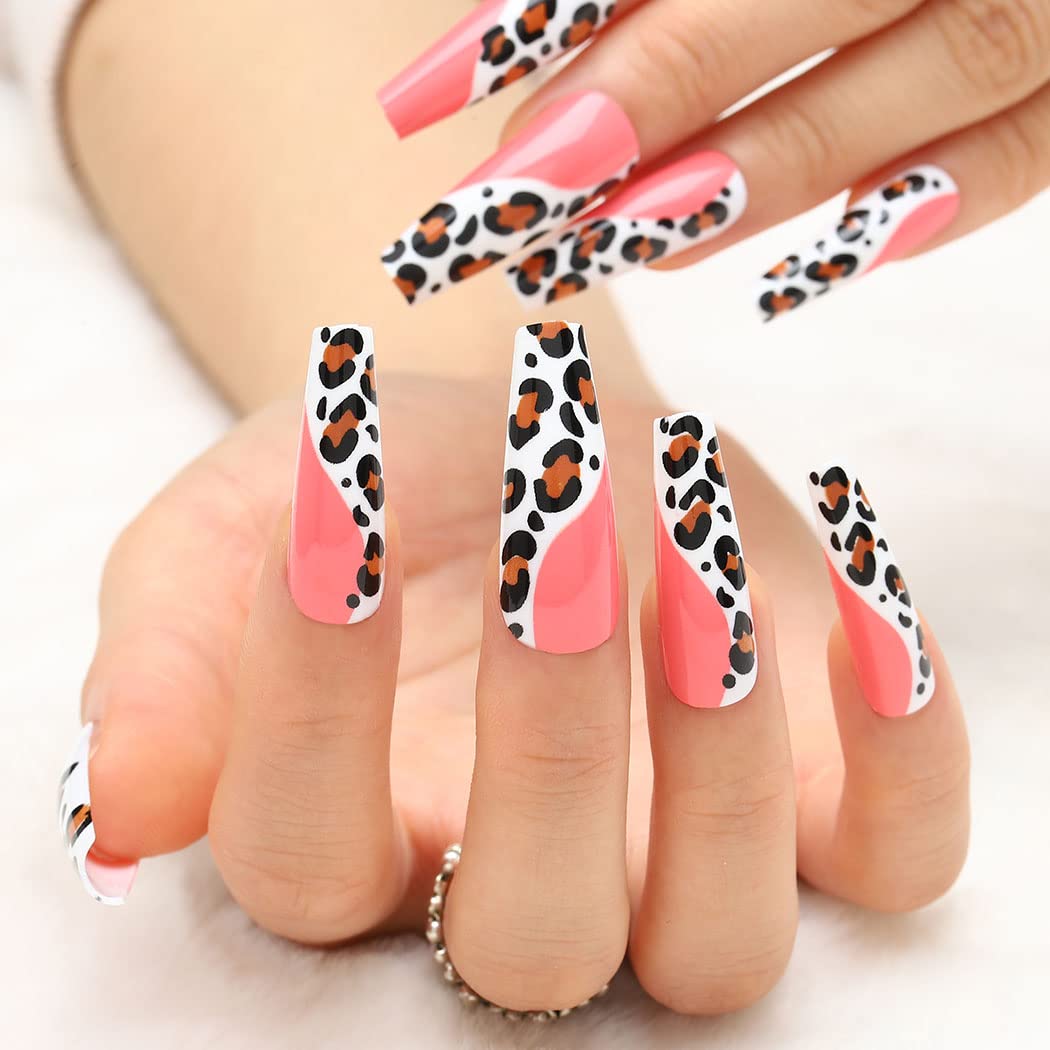 Extra Long Coffin Press on Nails - Glossy Pink Leopard Fake Nails with Ballerina Design - 24Pcs Full Cover Artificial Nails for Women & Girls - Perfect for Parties, Weddings, and Special Occasions