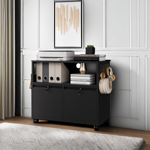 Letaya 2-Drawer Lockable Metal File Cabinet with Shelves - Lateral Printer Stand for Home Office, A4/F4/Letter Size Document Storage | Perfect for Organizing Files, Office Supplies & Printer Equipment (Black)