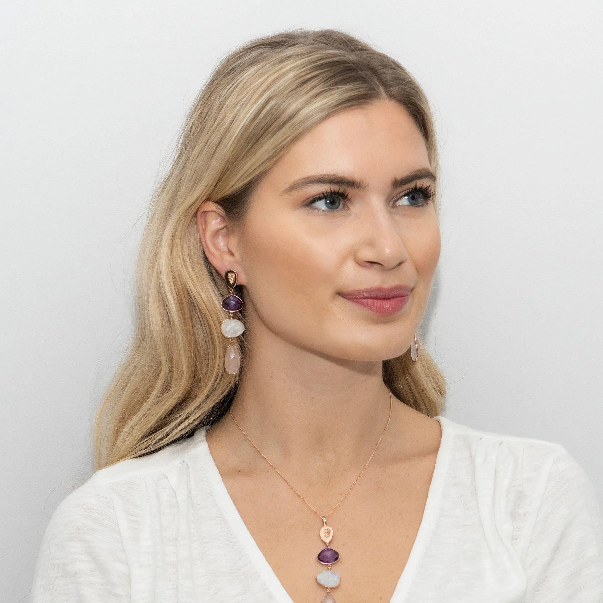 Natural Amethyst Moonstone Rose Quartz Gemstone Earrings for Women | Healing Crystal Jewelry | Perfect for Meditation, Yoga & Spiritual Gifts