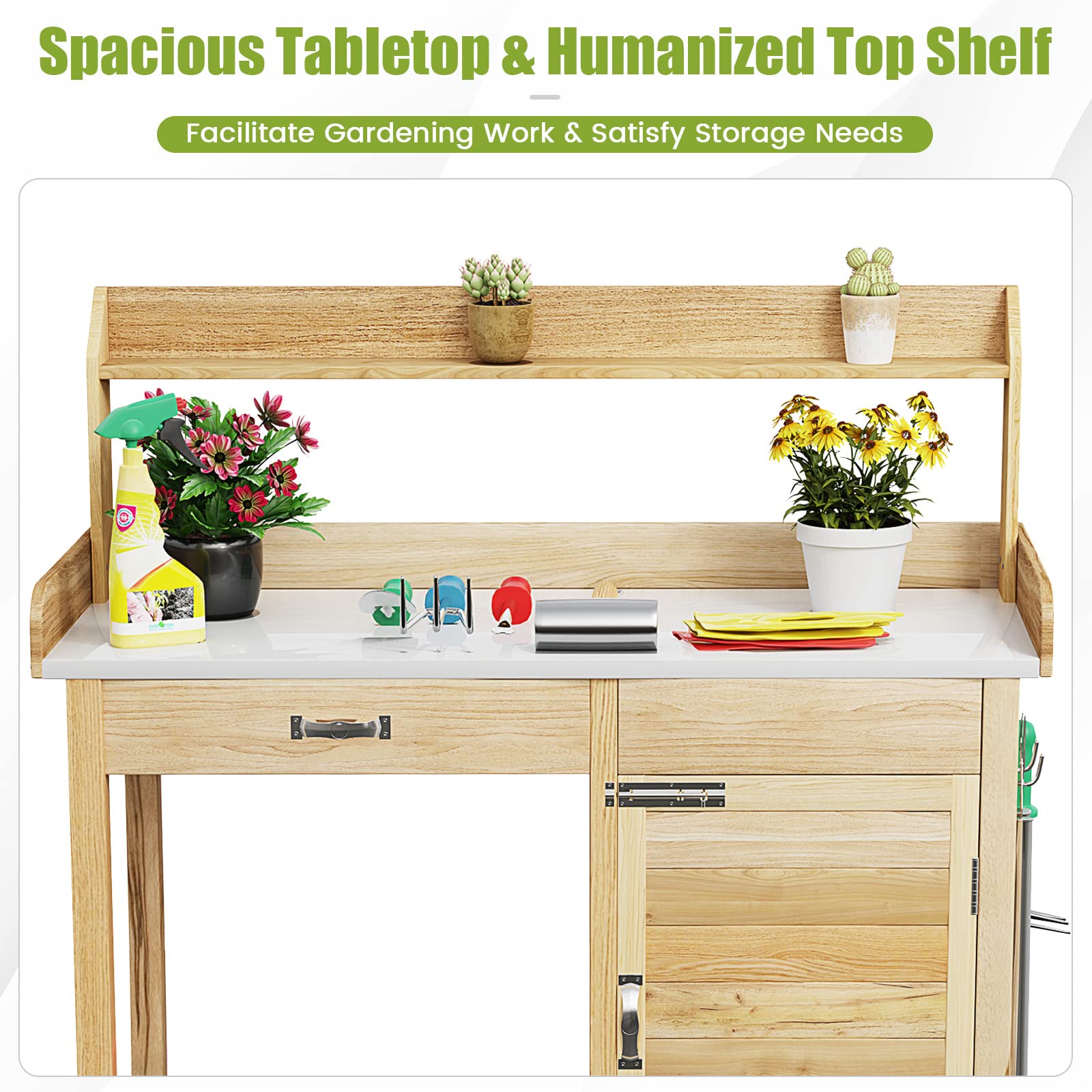 SAFSTAR Outdoor Potting Bench Table - Wooden Garden Workstation with Drawer, Storage Cabinet, Open Shelf & Side Hooks - Durable Metal Tabletop Gardening Workbench for Backyard, Balcony & Patio - Perfect for Planting, Potting & Organizing Garden Tools