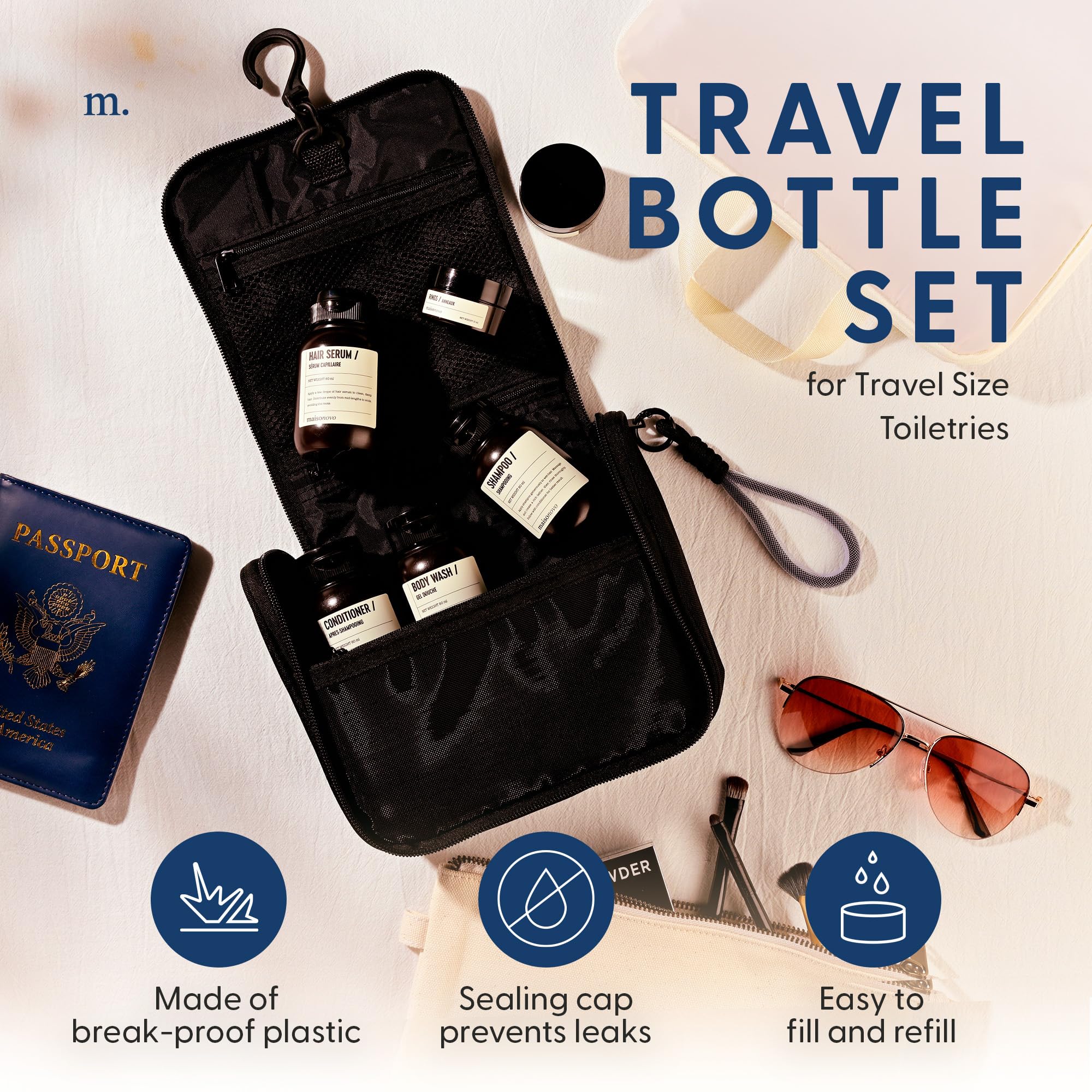 MaisoNovo TSA Approved Leak Proof Travel Bottles for Toiletries - 4 Pack Refillable Travel Size Containers with Waterproof Toiletry Bag | Perfect for Airplane Carry-on, Vacation & Gym Essentials