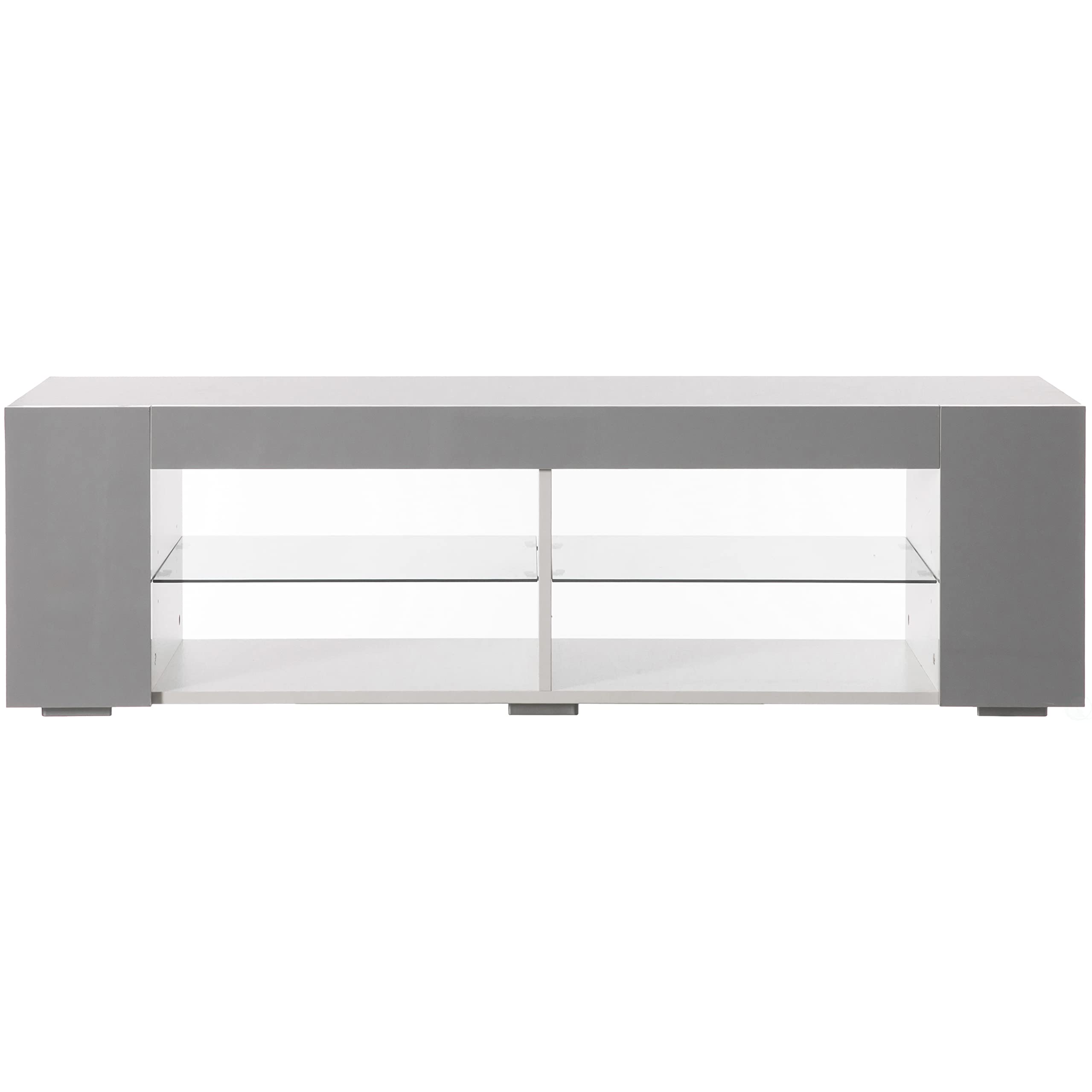 Basicwise White LED TV Stand with Glass Shelves & UV Frame - Modern Entertainment Center for Living Room, Bedroom & Home Theater Setup