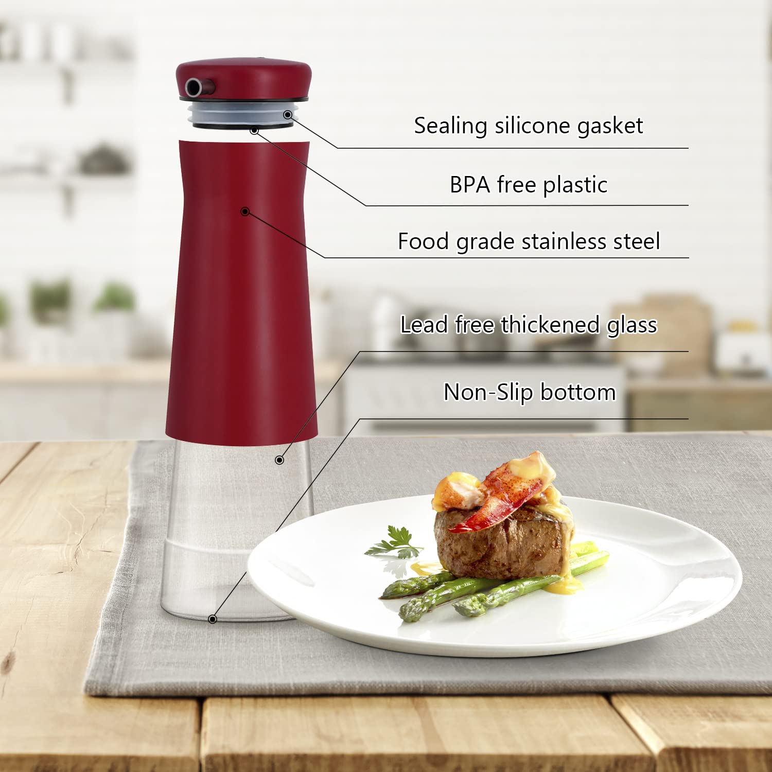 Premium Aelga Red Oil and Vinegar Dispenser Set - 2 Pack No-Drip Glass Bottles for Kitchen, Home, Restaurants & Weddings | Elegant Red Kitchen Decor & Essential Accessories for Cooking, Salad Dressing & Table Setting