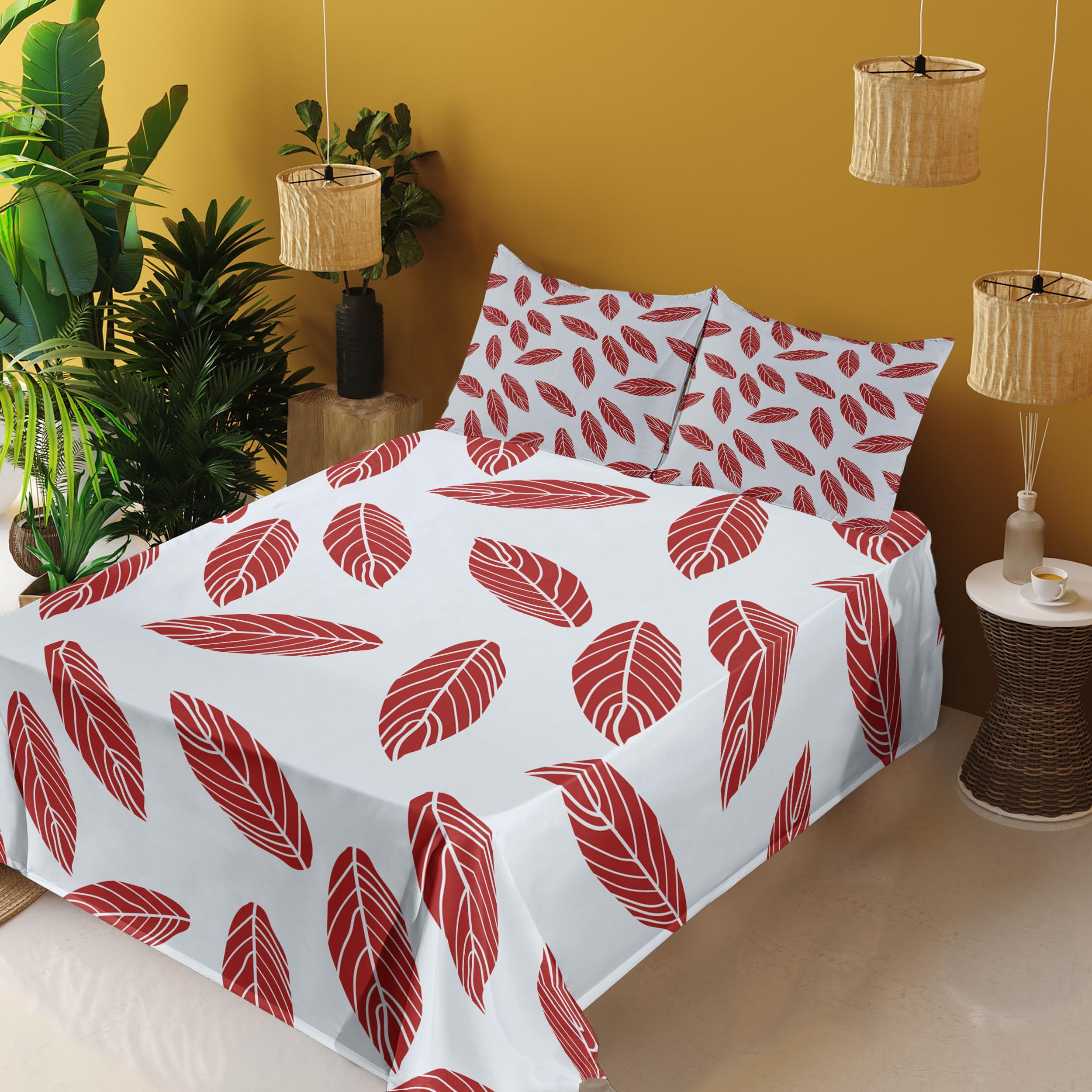Ambesonne 4-Piece Queen Sheet Set - Modern Abstract Leaf Design on Cool Pastel Muted Backdrop, Includes Fitted Sheet, Flat Sheet & 2 Pillowcases | Soft Bedding for Cozy Sleep, Guest Room & Dorm Decor | Pale Blue Ruby