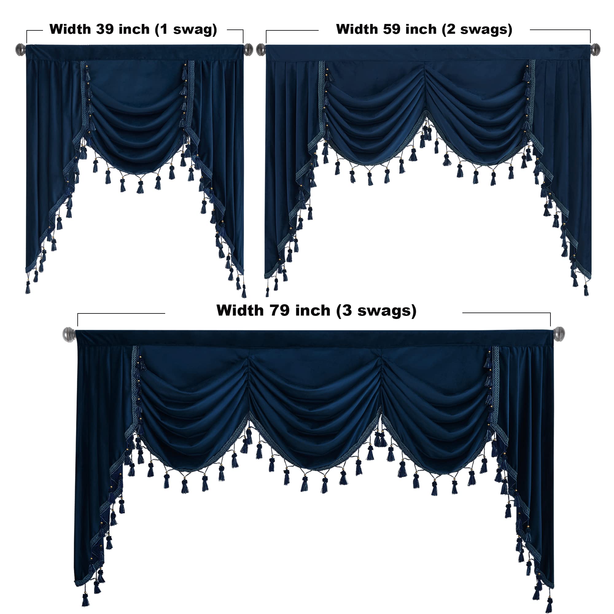 StangH Navy Blue Velvet Curtain Valances - Super Soft Blackout Waterfall Swag Valances for Kitchen & Living Room - Extra Wide Room Divider Curtains for Dining Room - 79 Inches Wide - 1 Panel - Perfect for Home Decor, Window Treatments & Room Partitioning