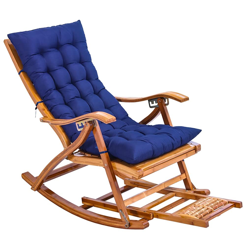 Premium Bamboo Rocking Chair for Adults - Heavy Duty 330Lbs Capacity, Padded Cushion, Foldable & Reclining - Outdoor Lounge Chair for Garden, Porch, Balcony & Patio Relaxation (Blue)