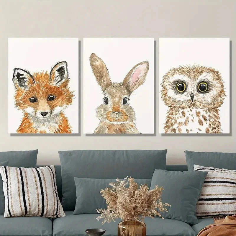 3-Piece Woodland Animal Metal Wall Art Set - Fox, Rabbit & Owl Prints - Ready to Hang Home Decor for Nursery, Living Room & Office