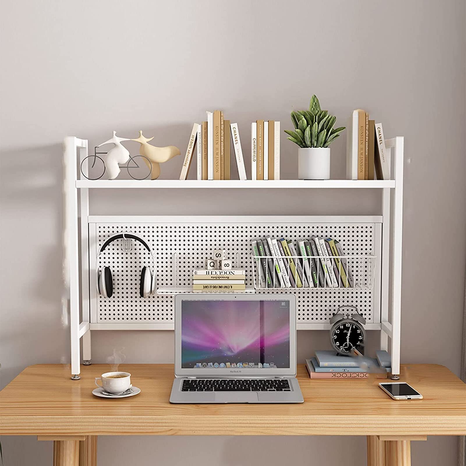 2-Tier Wrought Iron Desktop Bookshelf - Adjustable Office Organizer with Perforated Board, Industrial Style Computer Desk Shelf for Home & Office Storage - Perfect for Books, Plants & Decor (White)