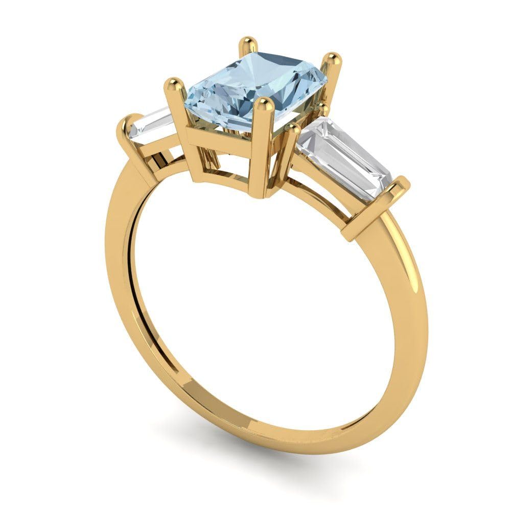 2.0 Carat Emerald Cut Aquamarine Three-Stone Engagement Ring in 14K Yellow Gold - Designer Bridal Jewelry for Anniversary & Wedding - Perfect for Proposals, Romantic Gifts & Special Occasions