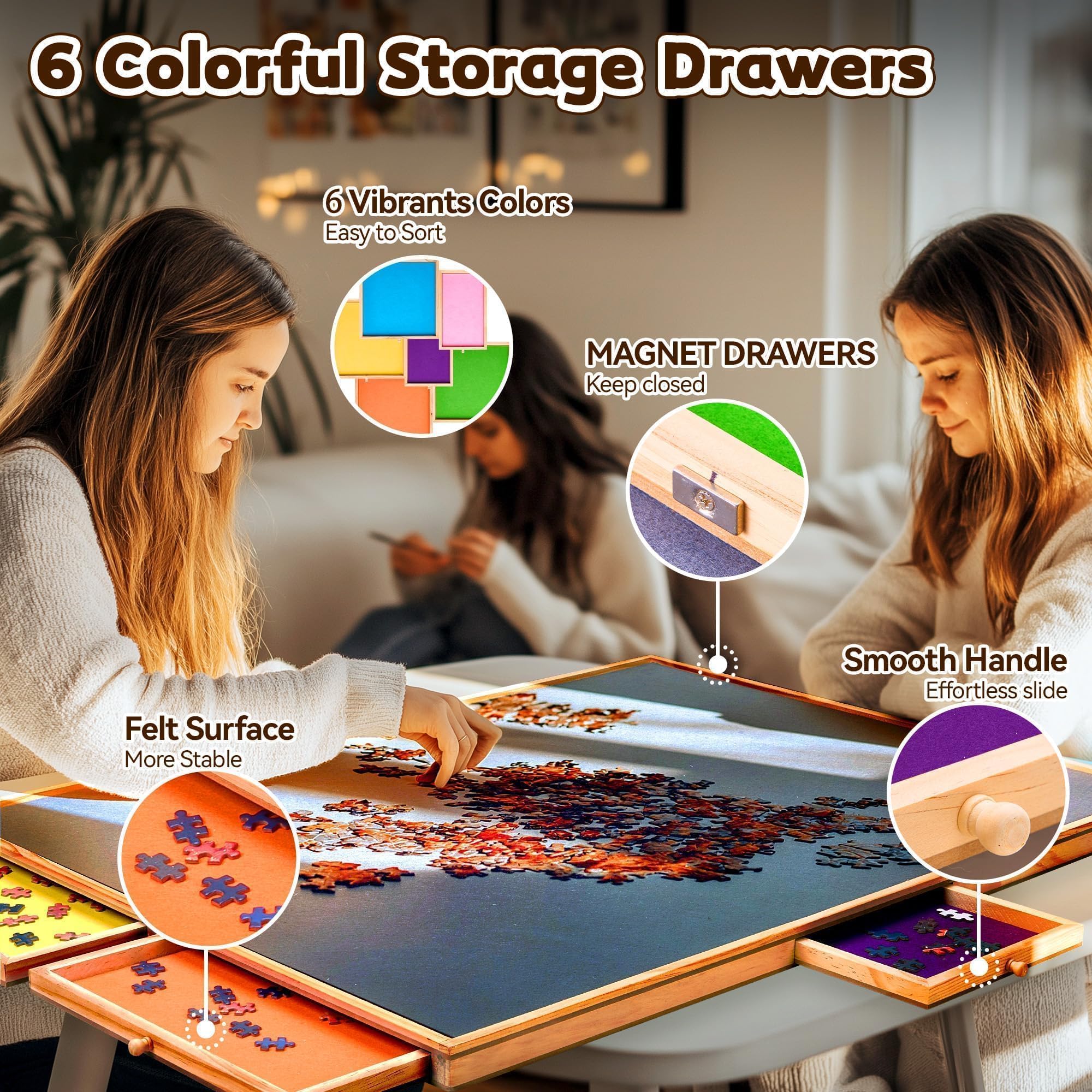 Rotating Wooden Puzzle Board with Drawers - Gift for Puzzle Lovers | Home & Office Use