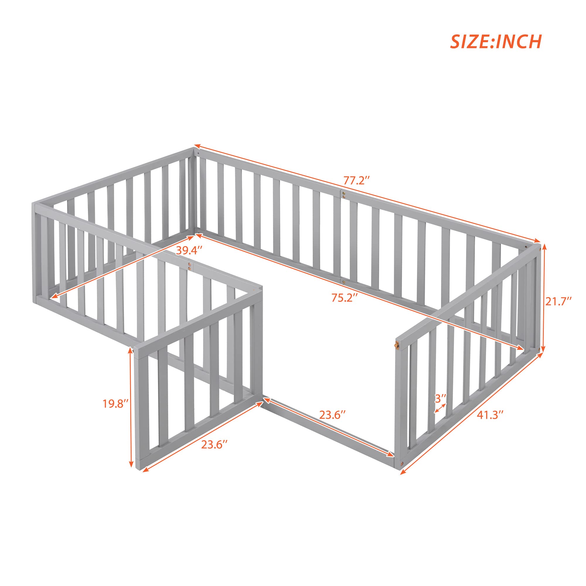 Montessori Twin Floor Bed with Safety Rails & Door - Wooden Low Profile Bed Frame for Kids, Girls & Boys - Grey - Perfect for Toddler Rooms, Daycare & Montessori Classrooms