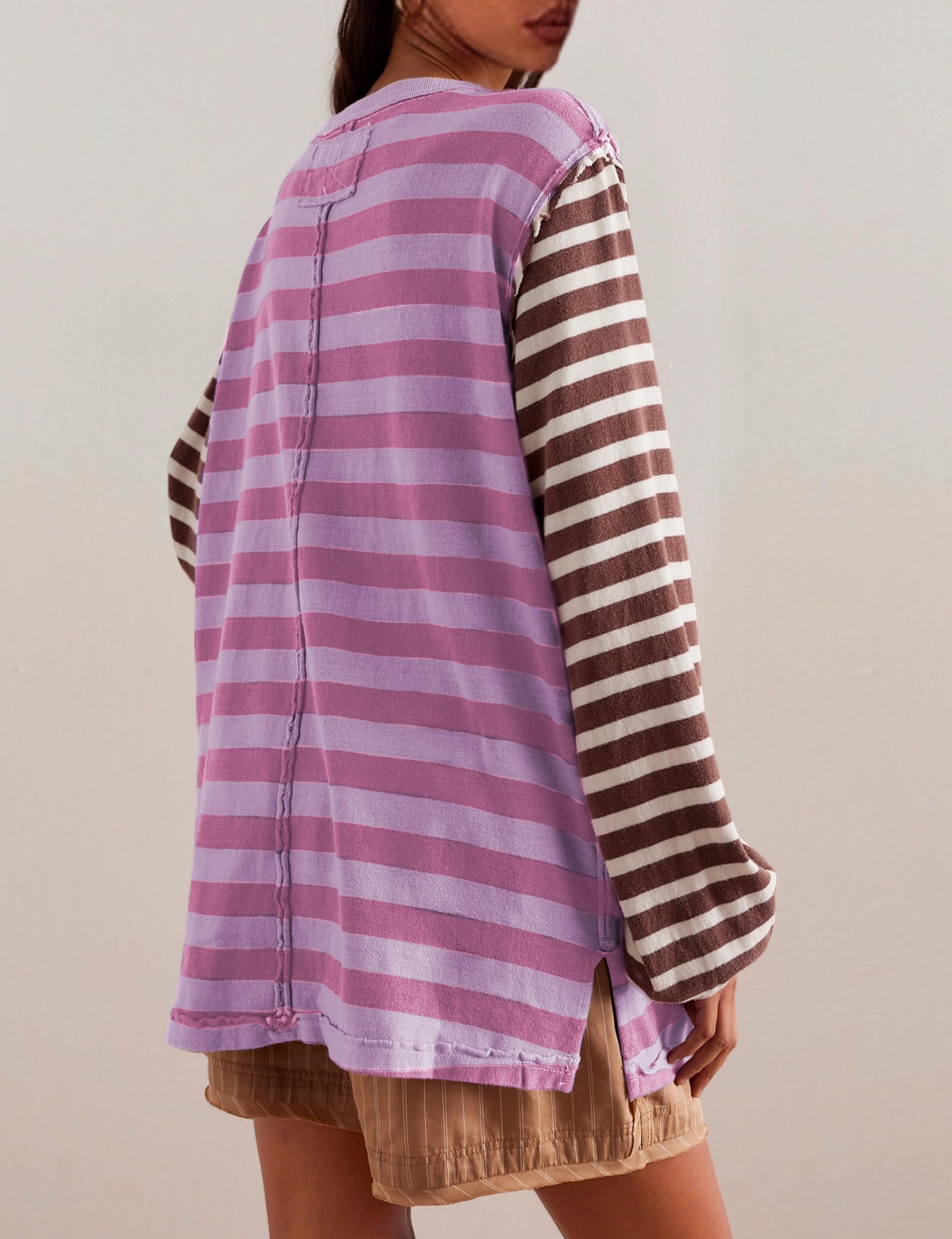 AMEBELLE Women's Trendy Oversized Long Sleeve Striped Sweatshirt - Y2K Fashion Top in Purple (Medium) | Casual Wear, Street Style & Loungewear