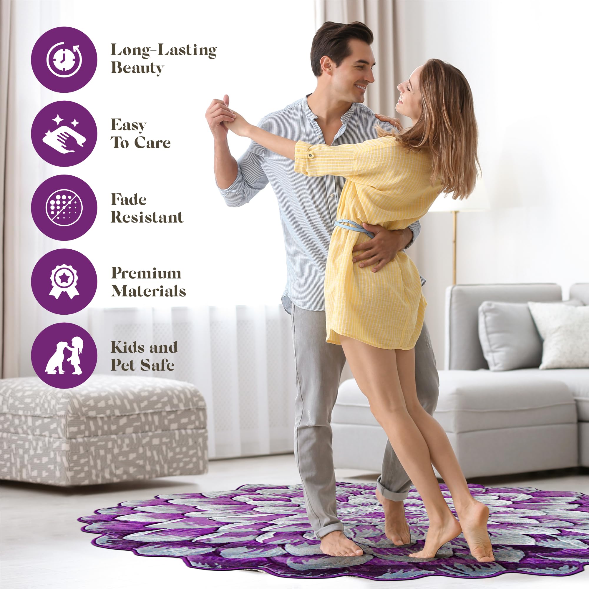 6ft Round Flower Shaped Area Rug - Soft Plush Circle Carpet for Bedroom, Living Room & Nursery - Girly Purple Floral Decor (303) | Perfect for Boho Chic Home Decor & Kids Play Area