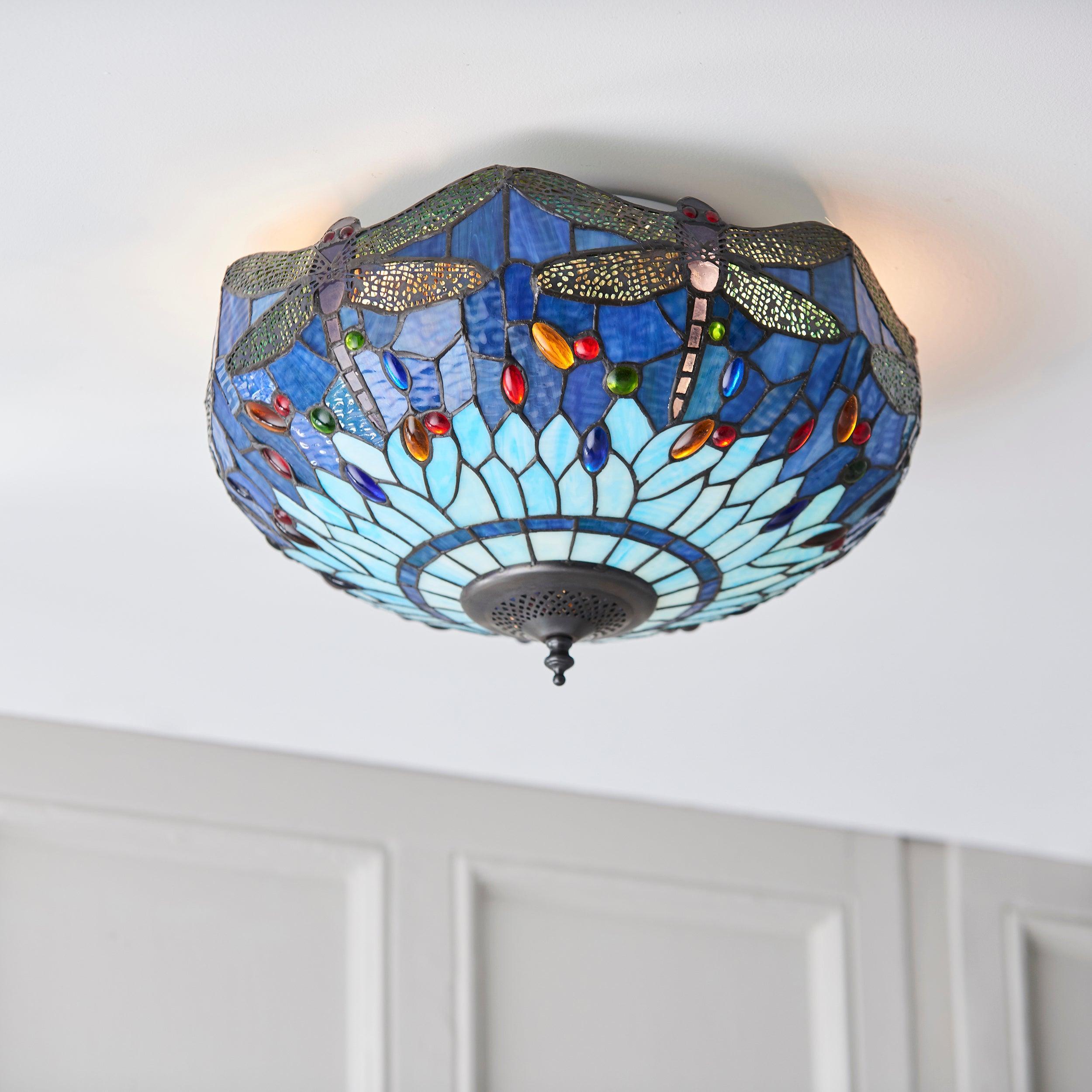 Blue Dragonfly Tiffany Style Flush Mount Ceiling Light - Elegant Stained Glass Fixture for Bedroom, Living Room & Dining Room Lighting