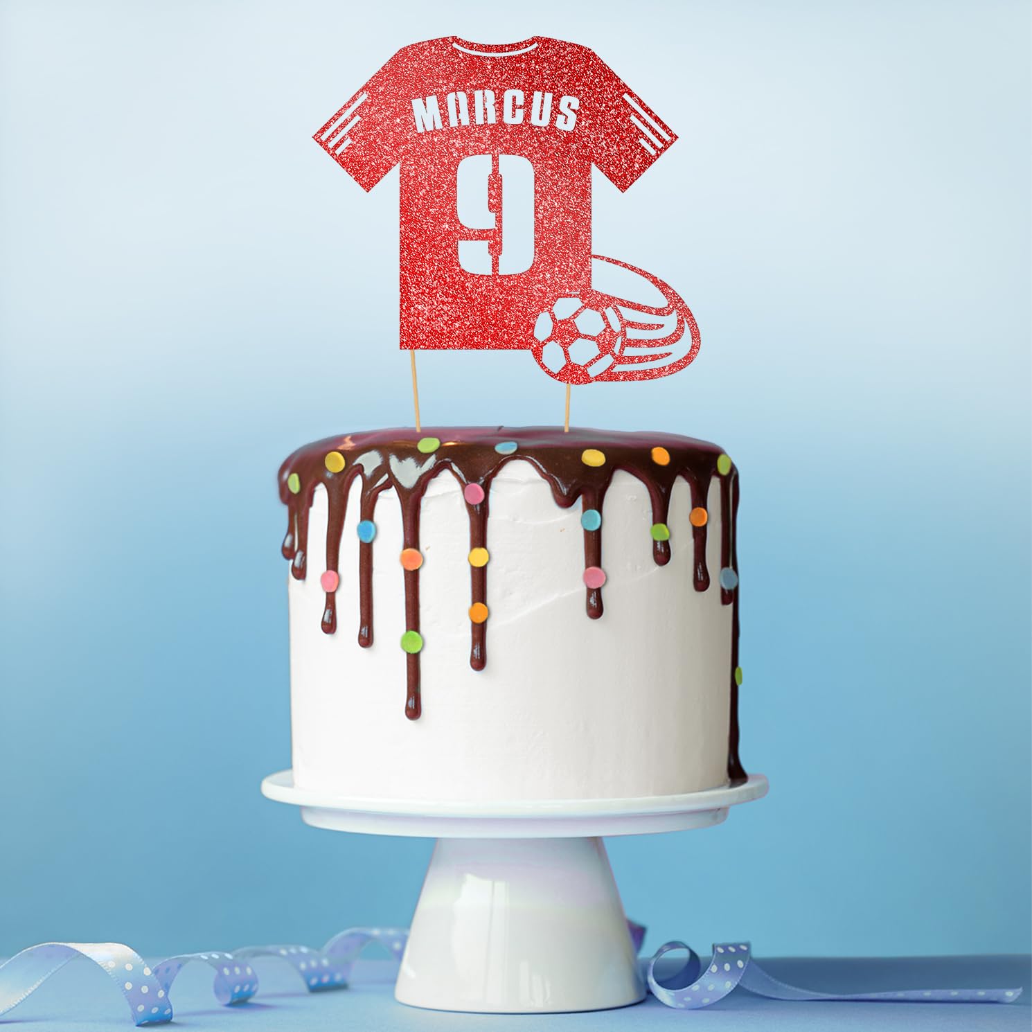Custom Birthday Glitter Cake Topper - Personalized Name & Age Football Kit Decoration for 1st to 18th Birthday Cakes | Red | Perfect for Kids' Birthday Parties & Soccer Themed Celebrations