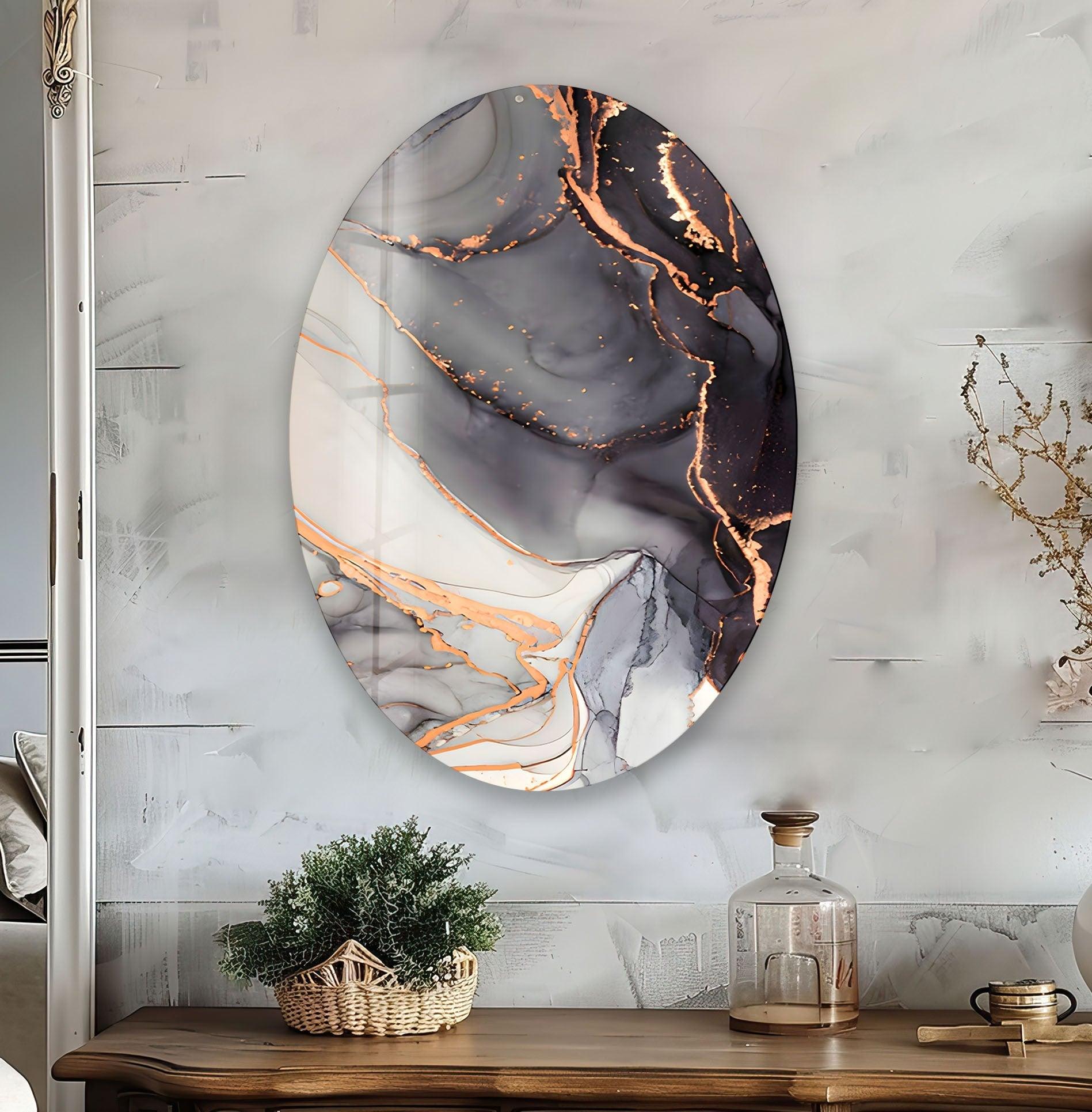 Abstract Black Alcohol Ink Glass Wall Art - Handmade Oval Asymmetrical Design for Modern Home & Office Decor - Perfect for Living Room, Bedroom, or Office Wall Display