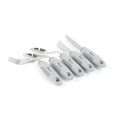 Adapt Tek Gray Stainless Steel 5-Piece Adaptive Offset Utensil Set for Right-Handed Users - Lightweight, Non-Slip Grip, Ergonomic Design - Perfect for Arthritis, Limited Mobility & Elderly Care (1 Count Box)