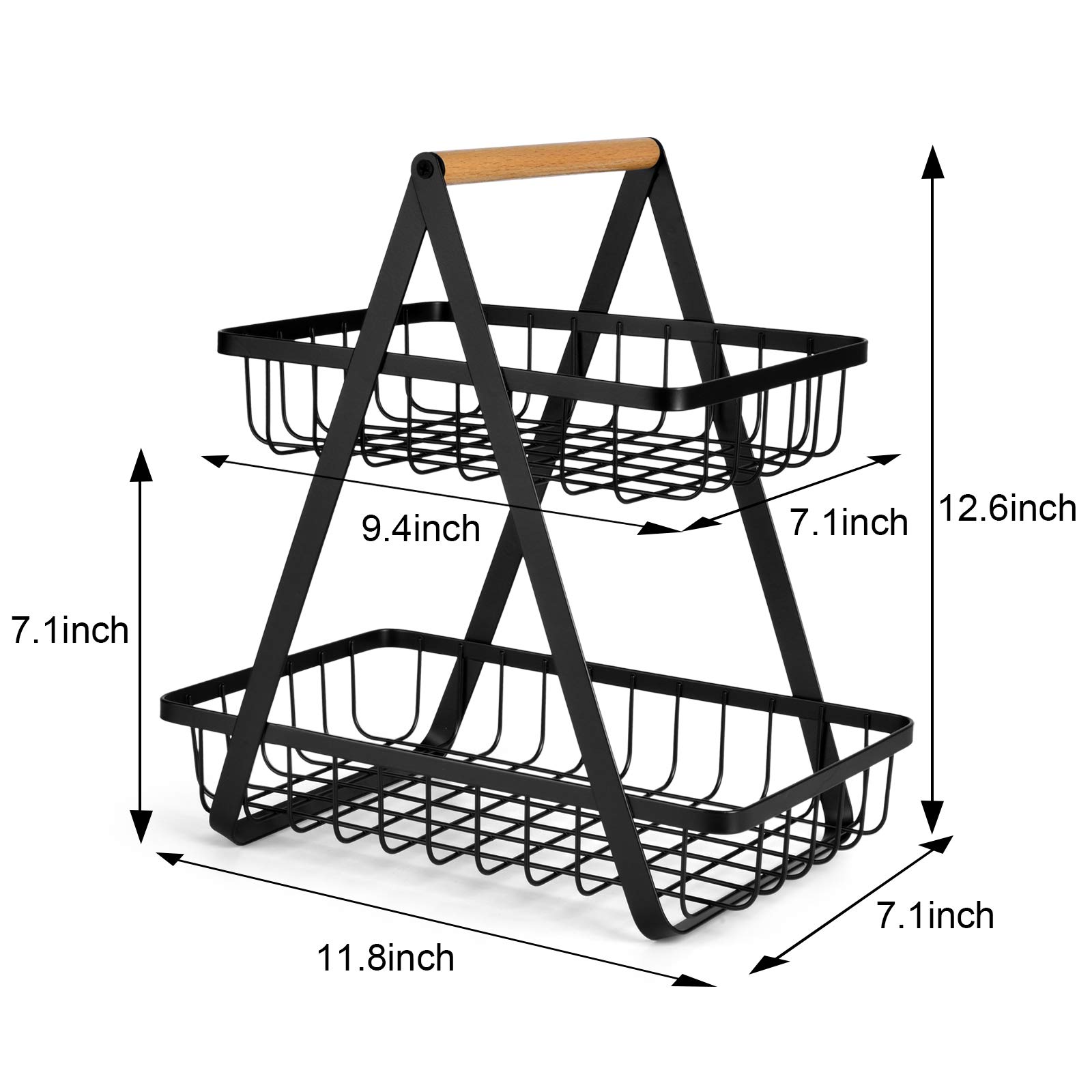 2-Tier Countertop Fruit Basket - Kitchen Storage Organizer for Fruits, Vegetables, Bread - Space Saving Black Wire Basket for Counter, Pantry & Dining Table Display