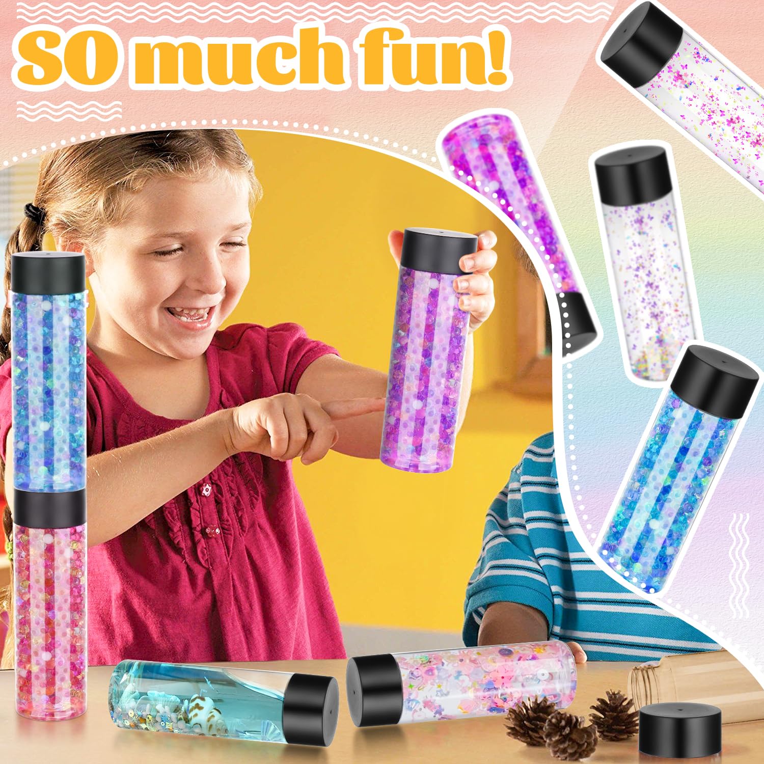 16 Pack 12 oz Clear Plastic Bottles with Black Lids - Reusable Leakproof Juice & Water Containers for DIY Sensory Tubes, Kids Crafts, Science Experiments & Party Favors (350ml)