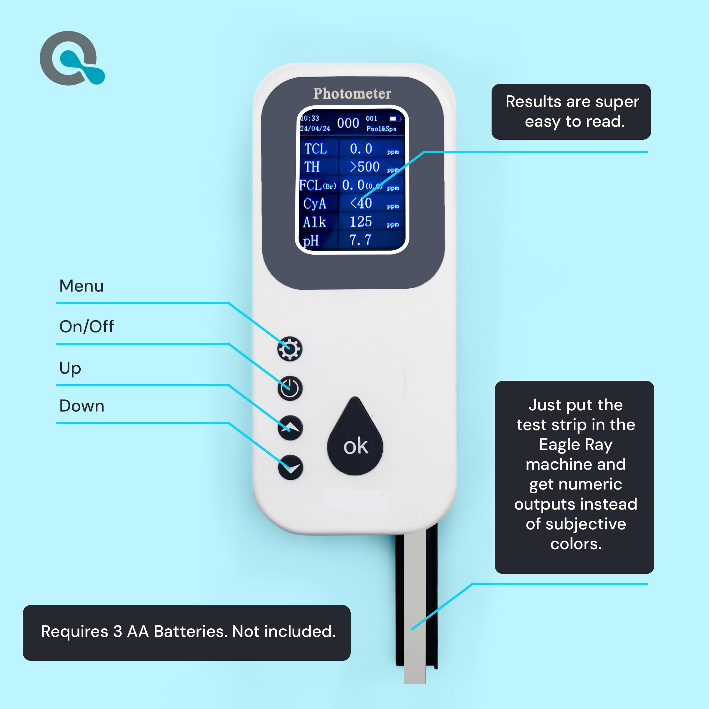 **AquaDoc Digital Water Testing Kit - Accurate Pool & Hot Tub Water Tester for Chlorine, pH, Alkalinity | Includes Water Analyzer & Test Strips | Ideal for Home Pools, Spas & Maintenance**