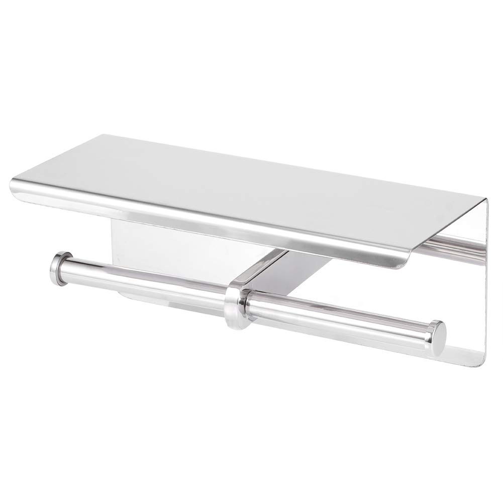 Stainless Steel Wall Mounted Toilet Paper Holder with Phone Storage Rack - 2 Roll Tissue Dispenser for Bathroom, Kitchen & RV - Durable Space-Saving Bathroom Organizer