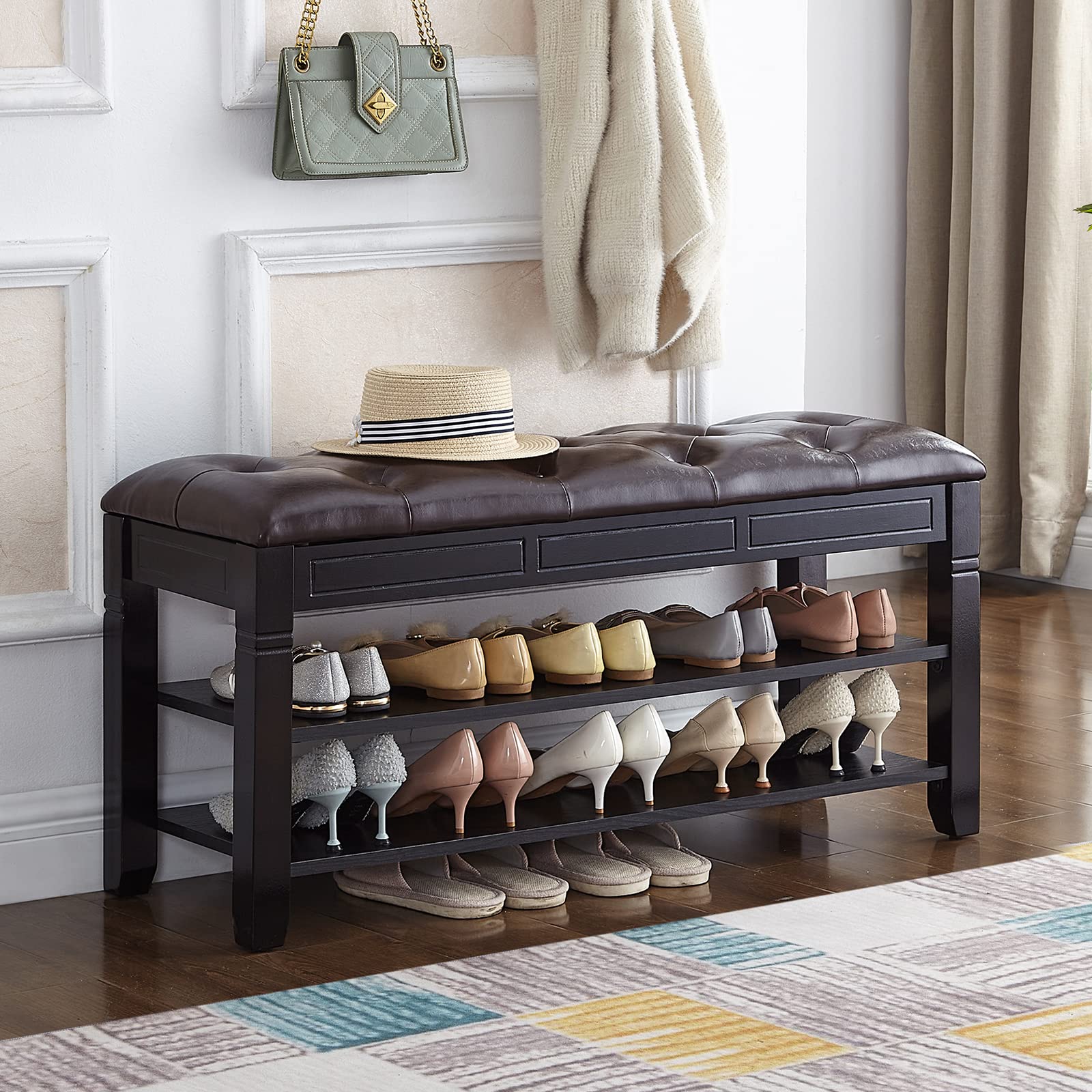 Solid Wood Shoe Storage Bench with Cushion - 39.4