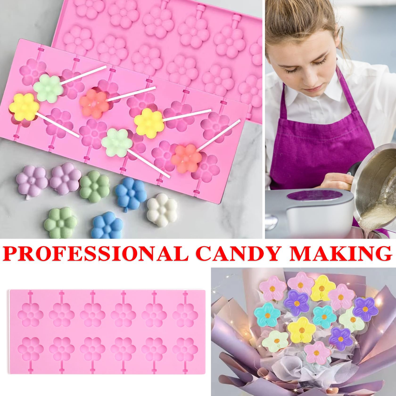 12-Cavity Flower Silicone Lollipop Molds - 8 Large Round Sucker Molds for Chocolate & Hard Candy Making - Includes 20 Sucker Sticks - Perfect for DIY Candy, Party Favors & Home Baking Projects