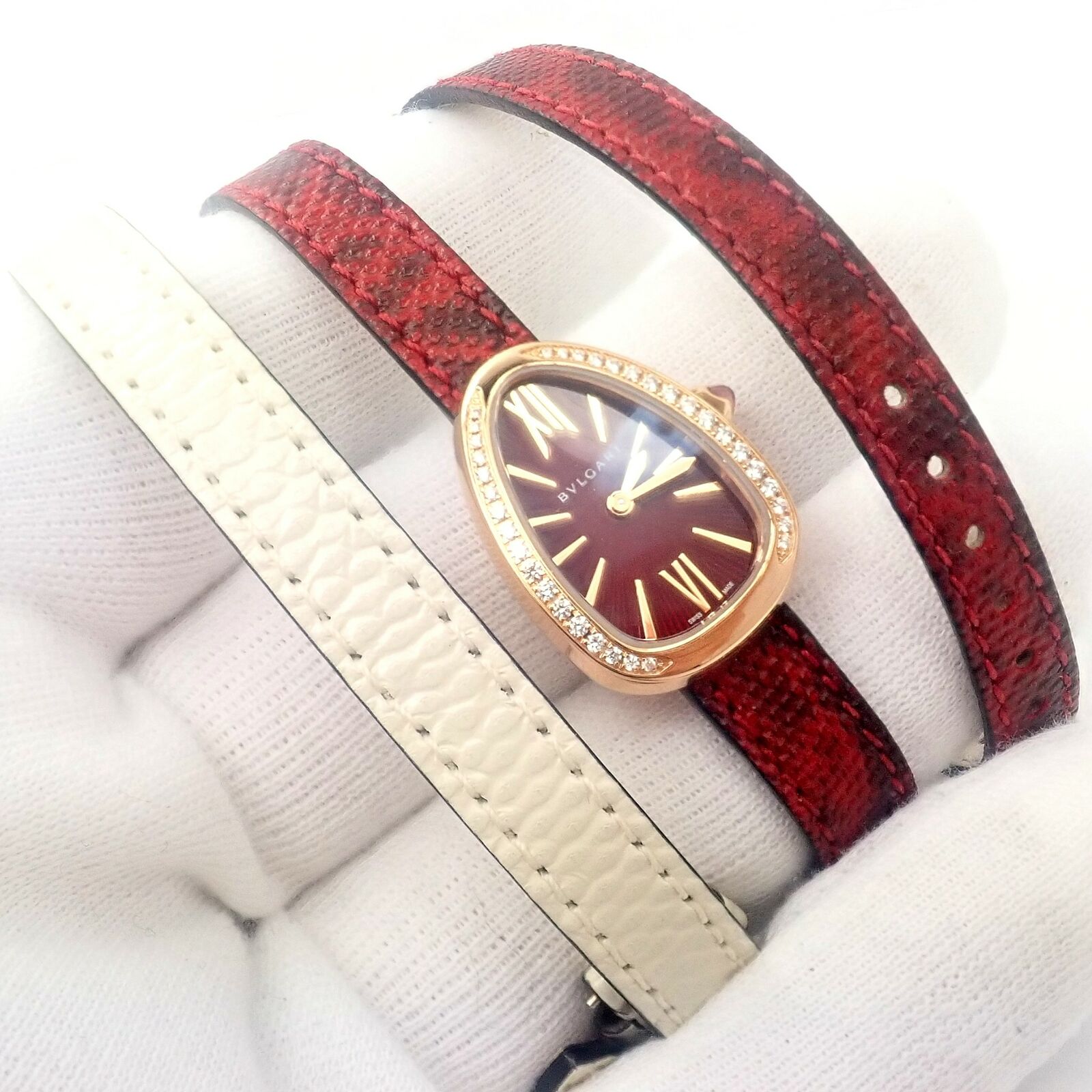 Bulgari Serpenti 18k Rose Gold Diamond Tubogas Watch with Red Snake Band & Tool - Luxury Women's Jewelry for Gifts & Special Occasions