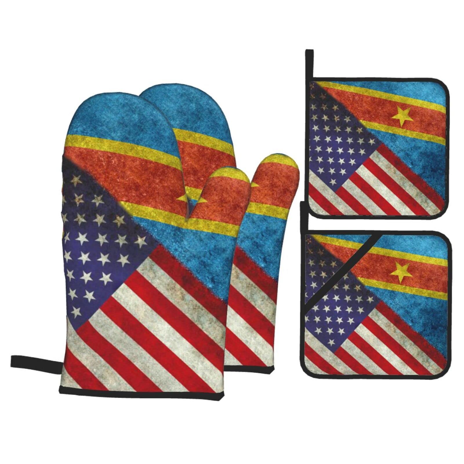 Vintage Style USA & Congo Flag Oven Mitts and Pot Holders Set - Heat Resistant Kitchen Accessories for Cooking, Baking, Grilling - Perfect for 4th of July BBQs, African Heritage Cooking & Holiday Kitchen Gifts