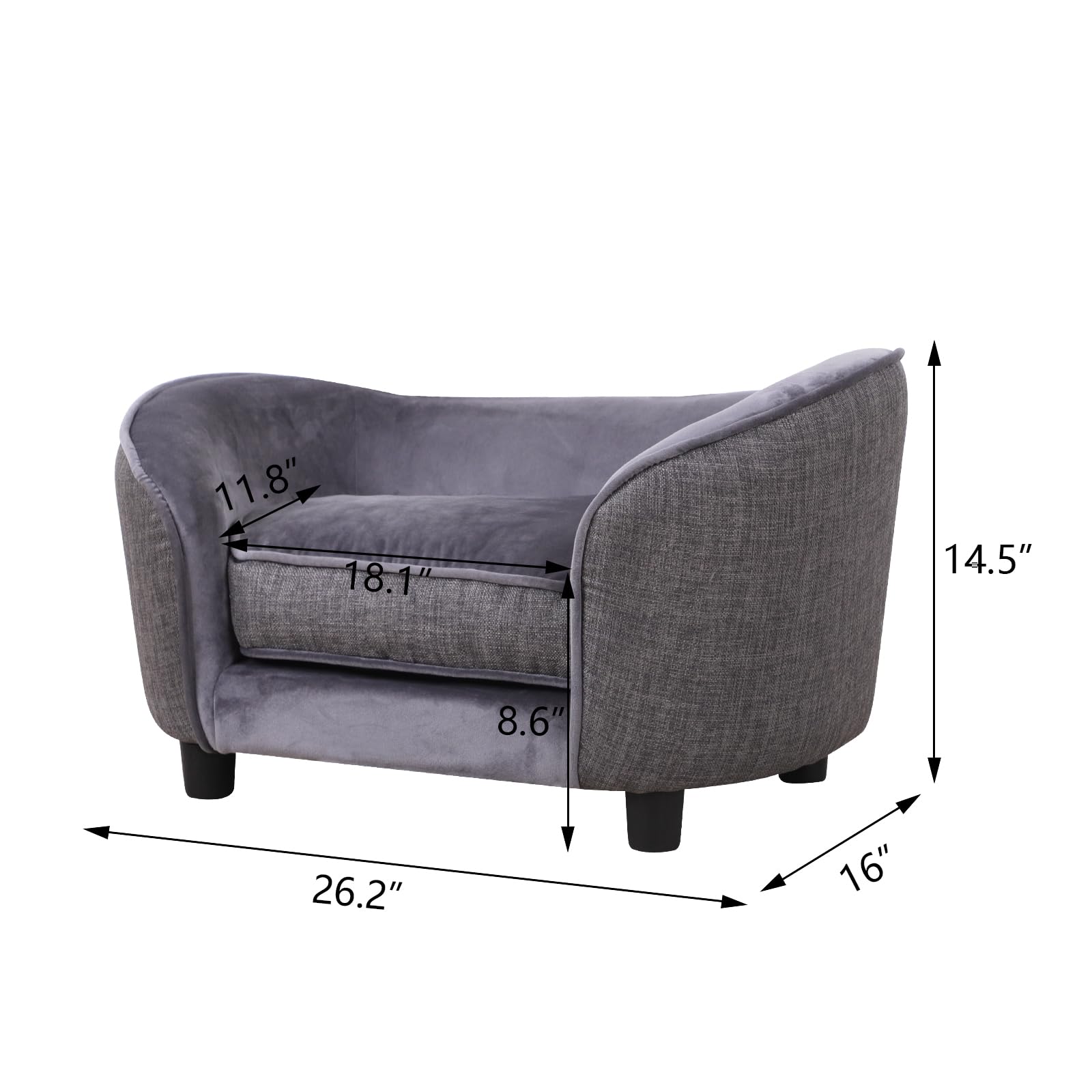 Premium Velvet & Linen Pet Sofa Bed - Washable Dog Couch for Small Dogs & Cats, Comfortable Gray Pet Bed for Living Room, Bedroom & Home Decor