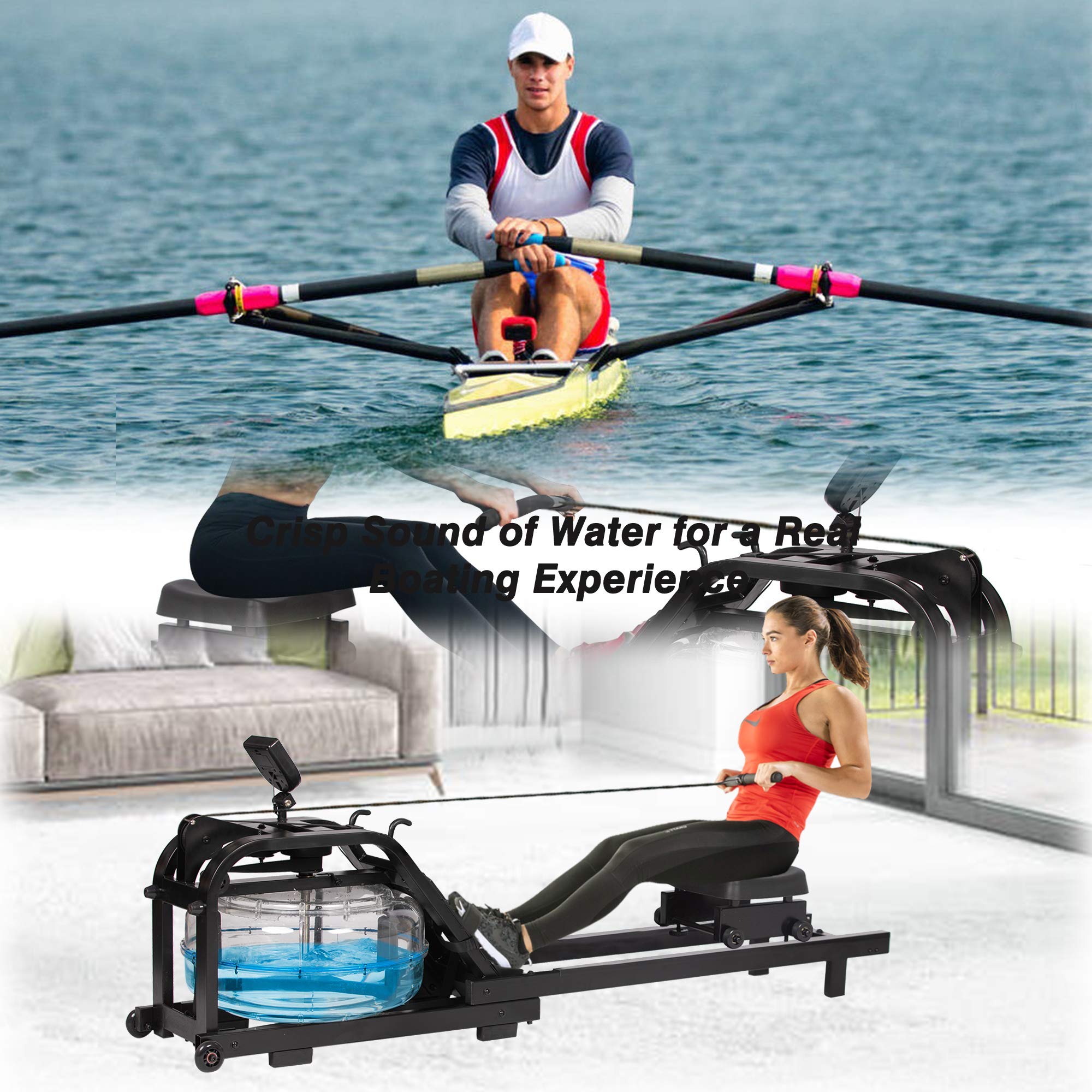 LUCKYERMORE Water Rowing Machine with LCD Monitor - 265 Lbs Weight Capacity, Adjustable & Space-Saving Indoor Rower for Home Gym, Double Track System, Mobile Wheels (Black) - Perfect for Full-Body Workout, Cardio Training & Small Spaces