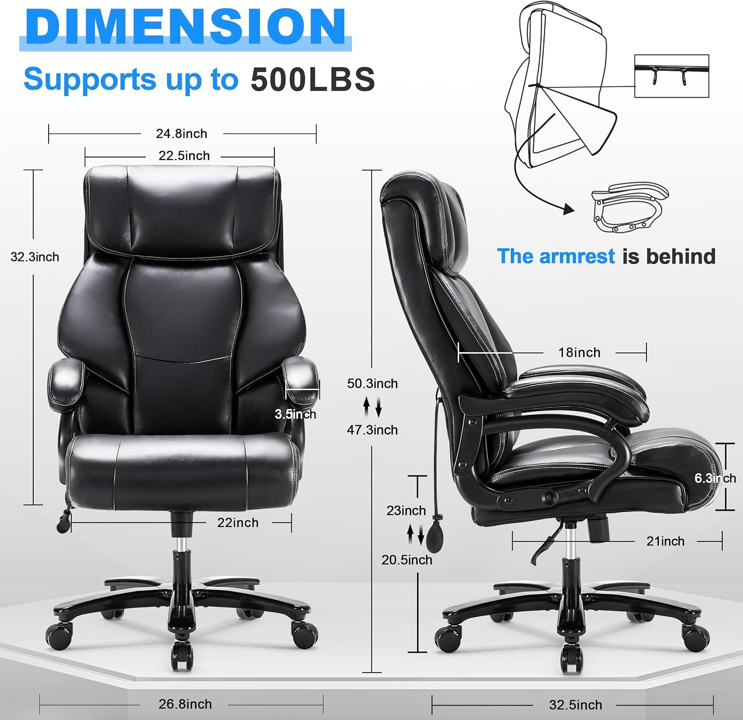 Heavy Duty Big and Tall Office Chair 500LBS Weight Capacity - Ergonomic Executive Chair for Back Pain Relief - Breathable Leather Seat for Long Hours Sitting - Dark Black - Perfect for Home Office, Gaming, and Workspace Comfort
