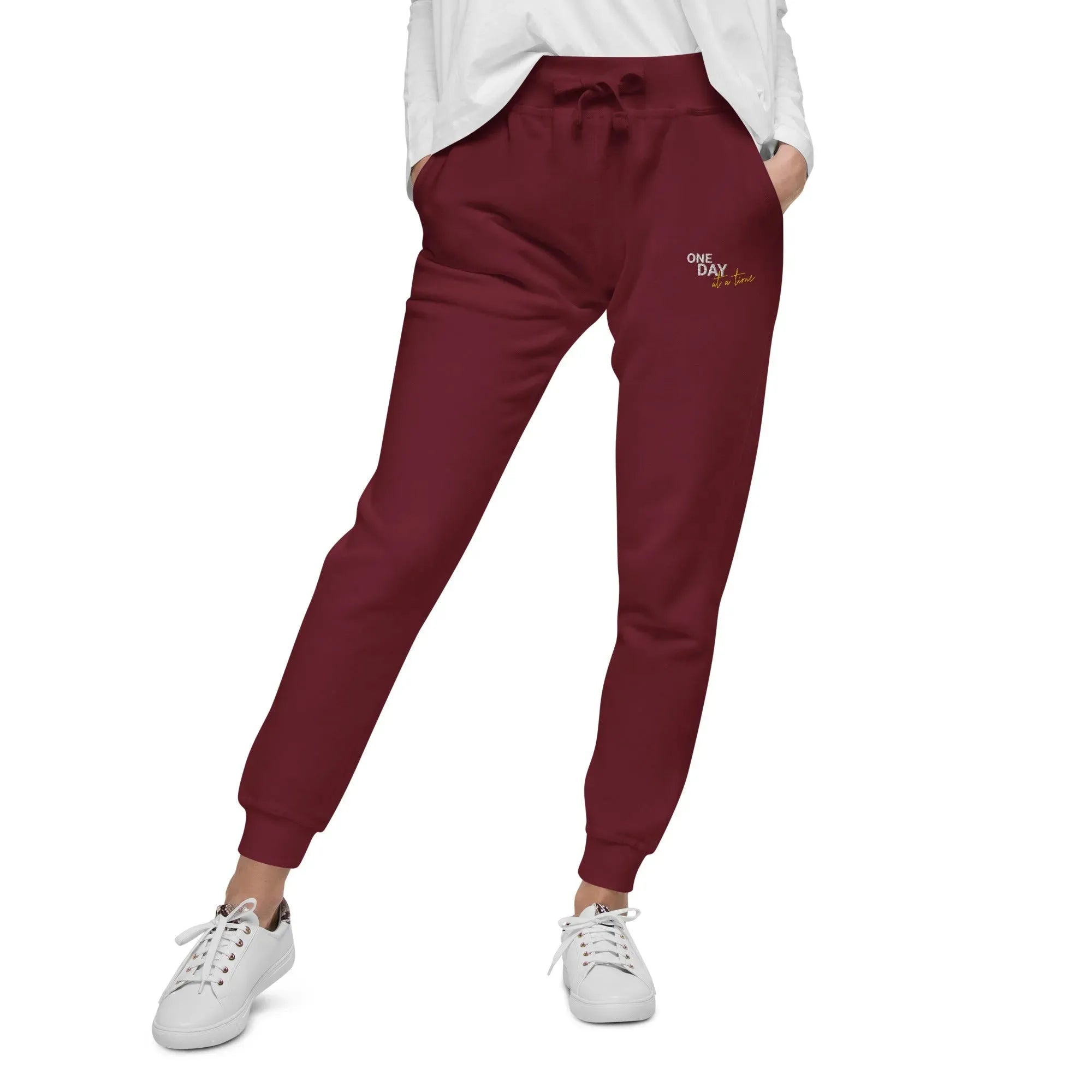 One Day At A Time Embroidered Unisex Fleece Sweatpants - Cozy Loungewear for Relaxing at Home, Yoga, and Casual Outings