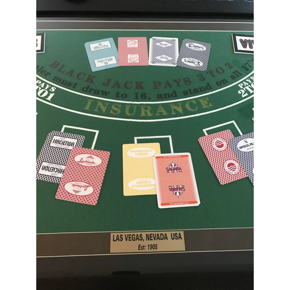 Authentic Las Vegas Casino Playing Cards - Blackjack Table Collage Framed Wall Art #D/100 | Perfect for Game Room Decor, Poker Night & Casino Themed Parties