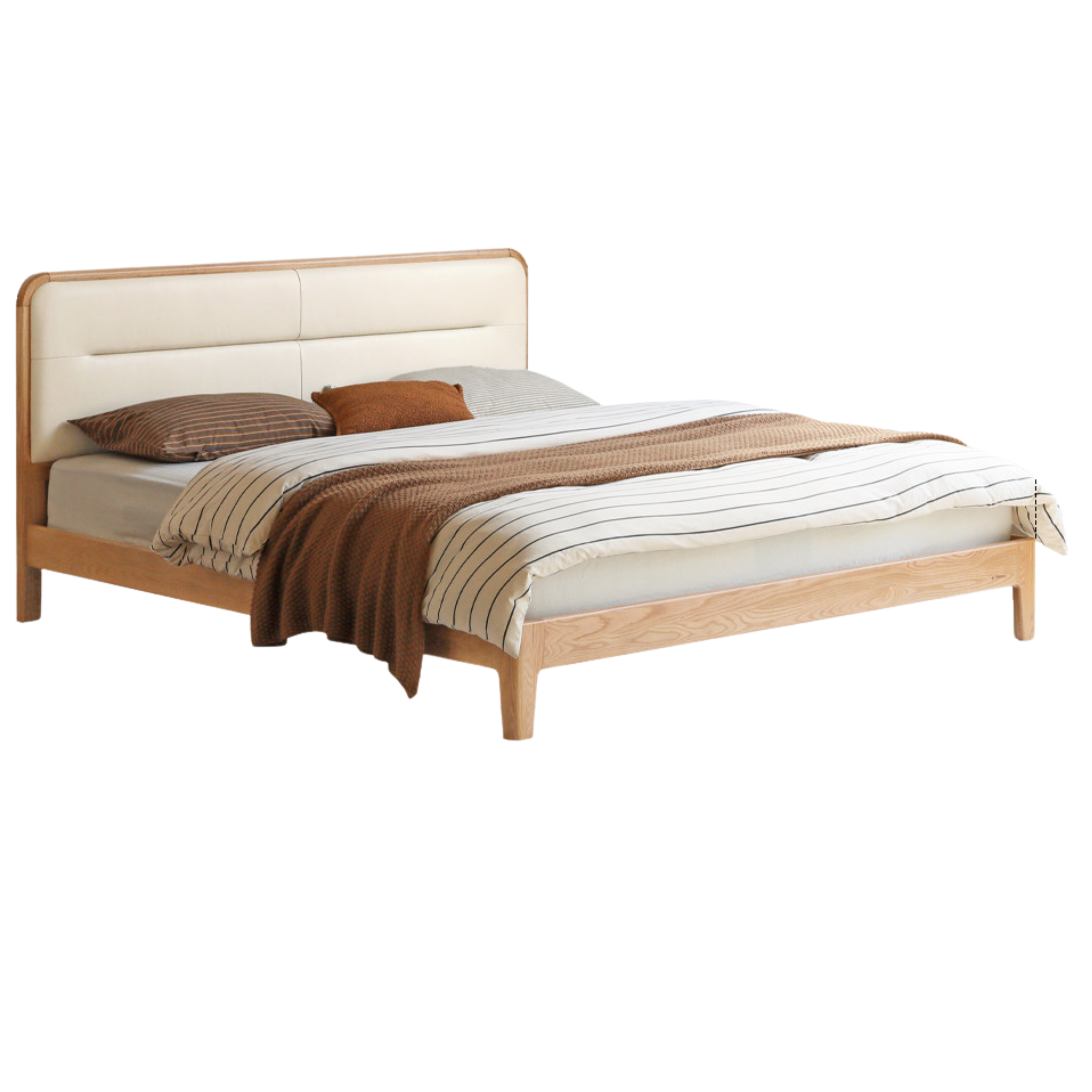 Solid Oak Wood Leather Upholstered Soft Bed - Queen Size, Modern Platform Bed Frame with Headboard for Bedroom, Living Room, Guest Room