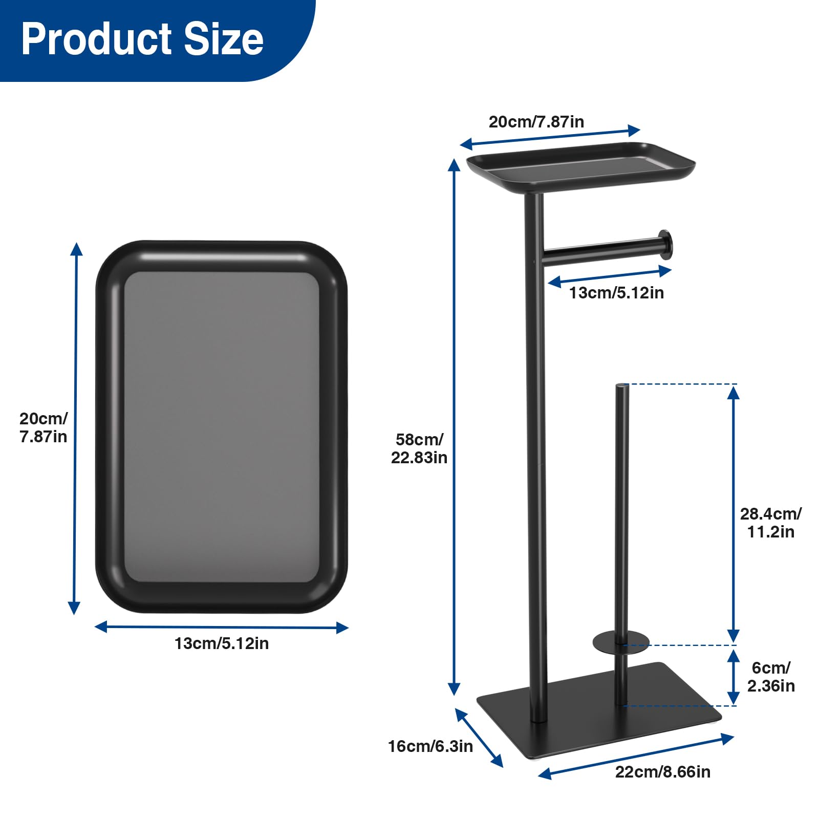 Black Free Standing Toilet Paper Holder with Storage Shelf - Floor Standing Toilet Roll Dispenser Holds 4 Reserve Rolls - Perfect for Bathroom, RV, and Small Space Organization