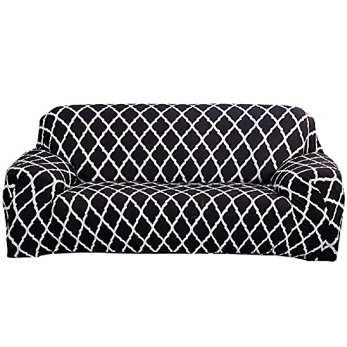ELEOPTION Stretch Sofa Cover - Printed Elastic Couch Slipcover for 3-Cushion Couches, Universal Furniture Protector (Black) | Perfect for Living Room, Family Room & Home Decor