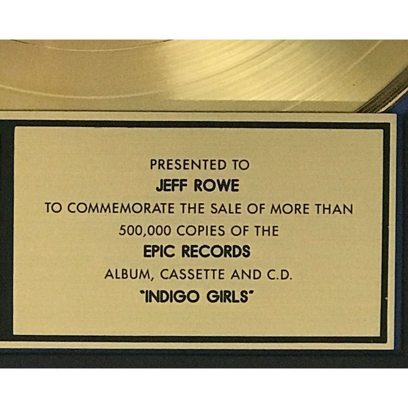 Indigo Girls Self-Titled RIAA Gold Album Award - Certified Collectible Music Memorabilia for Fans & Display
