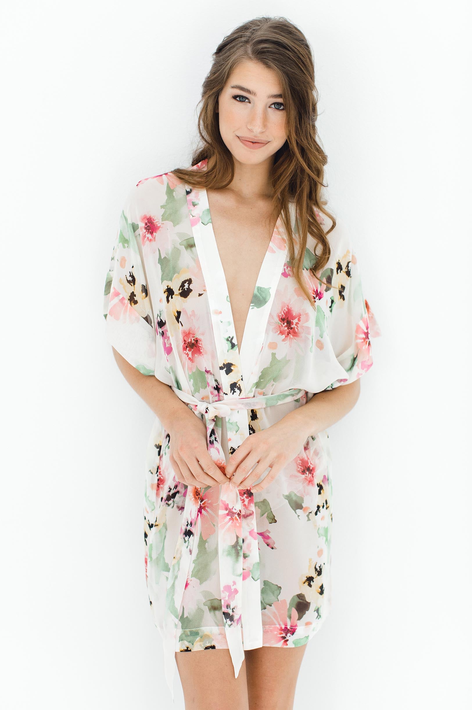 Watercolor Dreams Floral Print Silk Chiffon Kimono Robe - Lightweight Summer Cover Up for Women, Beach Wedding Bridesmaid Gift, Boho Loungewear