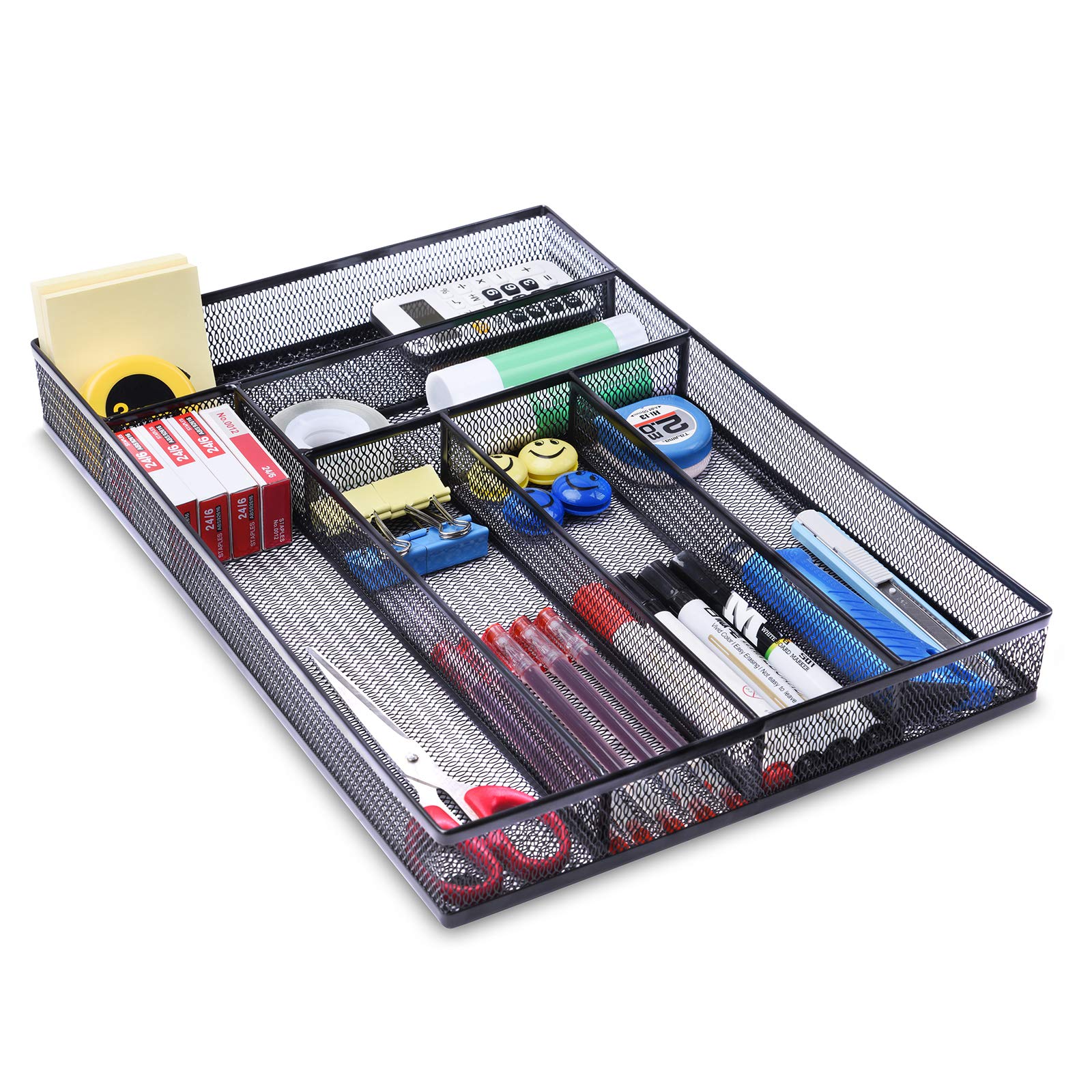 6-Compartment Mesh Desk Drawer Organizer - Black Office Supplies Tray for Stationery, Makeup & Small Items | Perfect for Home, Office & School Organization