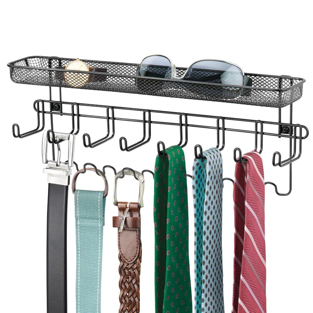 mDesign Steel Wall Mount Organizer with 8 Hooks & Storage Basket - Space Saving Closet Organizer for Belts, Ties, Watches, Sunglasses, Wallets - Perfect for Bedroom, Hallway & Entryway - Concerto Collection in Black