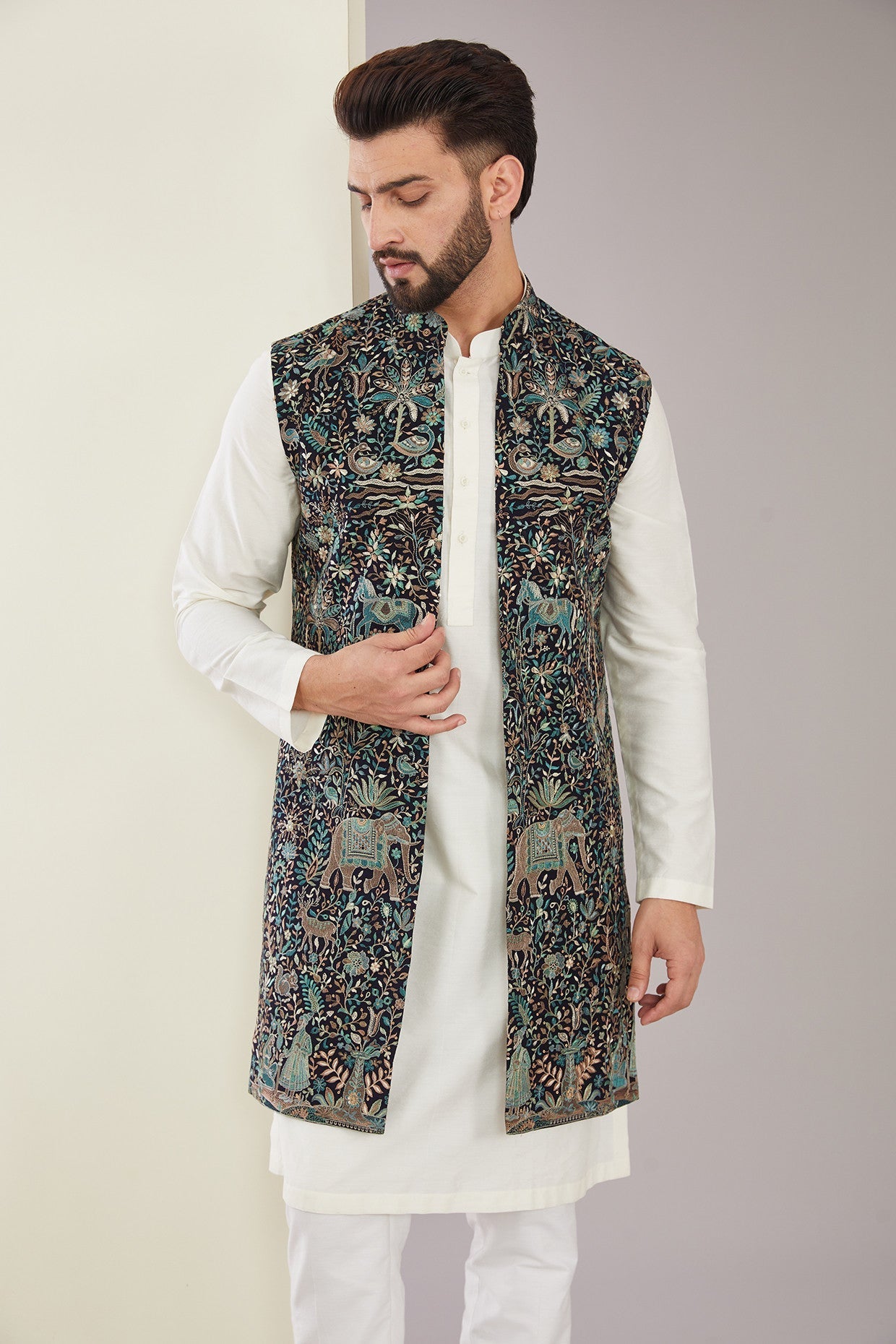 Elegant Kashmiri Embroidered Long Open Shrug - Handmade Traditional Indian Cover-Up for Women - Perfect for Weddings, Parties & Boho Fashion