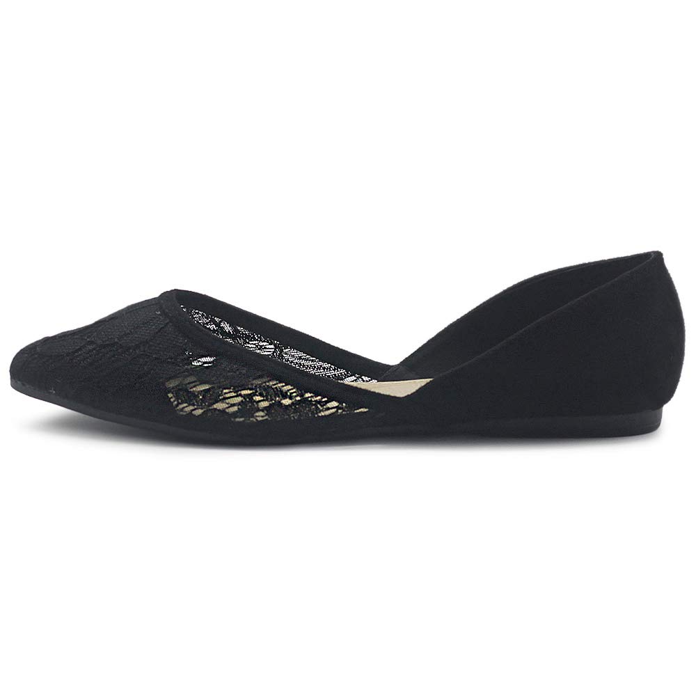 Ollio Women's Ballet Flats - Faux Suede Floral Lace Pointed Toe Shoes | Breathable Mesh Comfort | Perfect for Work, Weddings & Casual Outfits