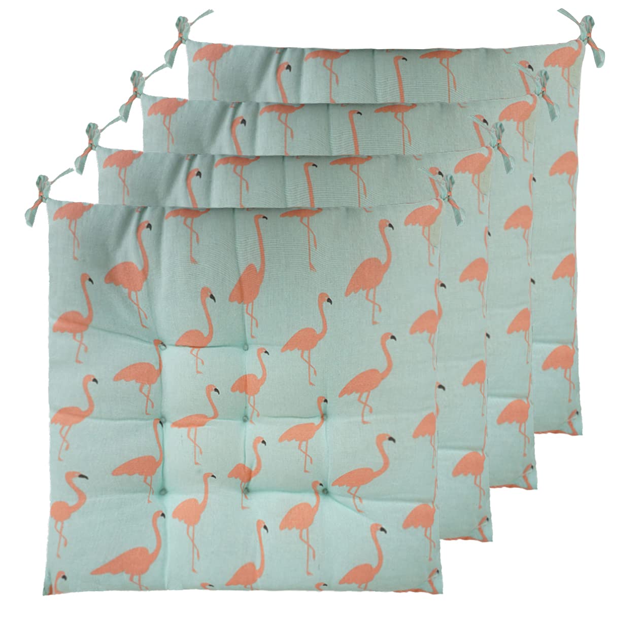 ELFJOY Set of 4 Cotton Square 16” x 16” Tufted Chair Cushions with Ties - Flamingo Print Seat Pads for Dining Chairs, Kitchen, Office & Indoor Decor